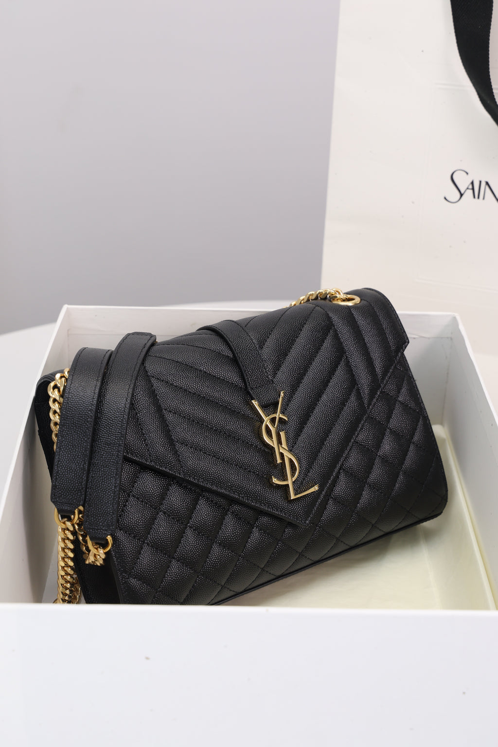 Saint Laurent Envelope Medium Bag — Black Grained Leather with Light Gold Hardware