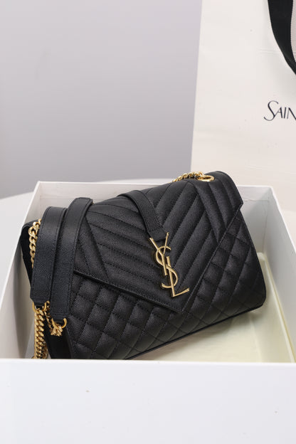Saint Laurent Envelope Medium Bag — Black Grained Leather with Light Gold Hardware