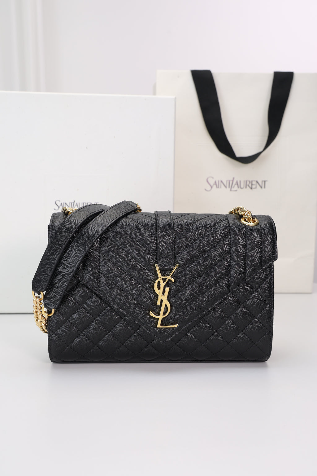 Saint Laurent Envelope Medium Bag — Black Grained Leather with Light Gold Hardware