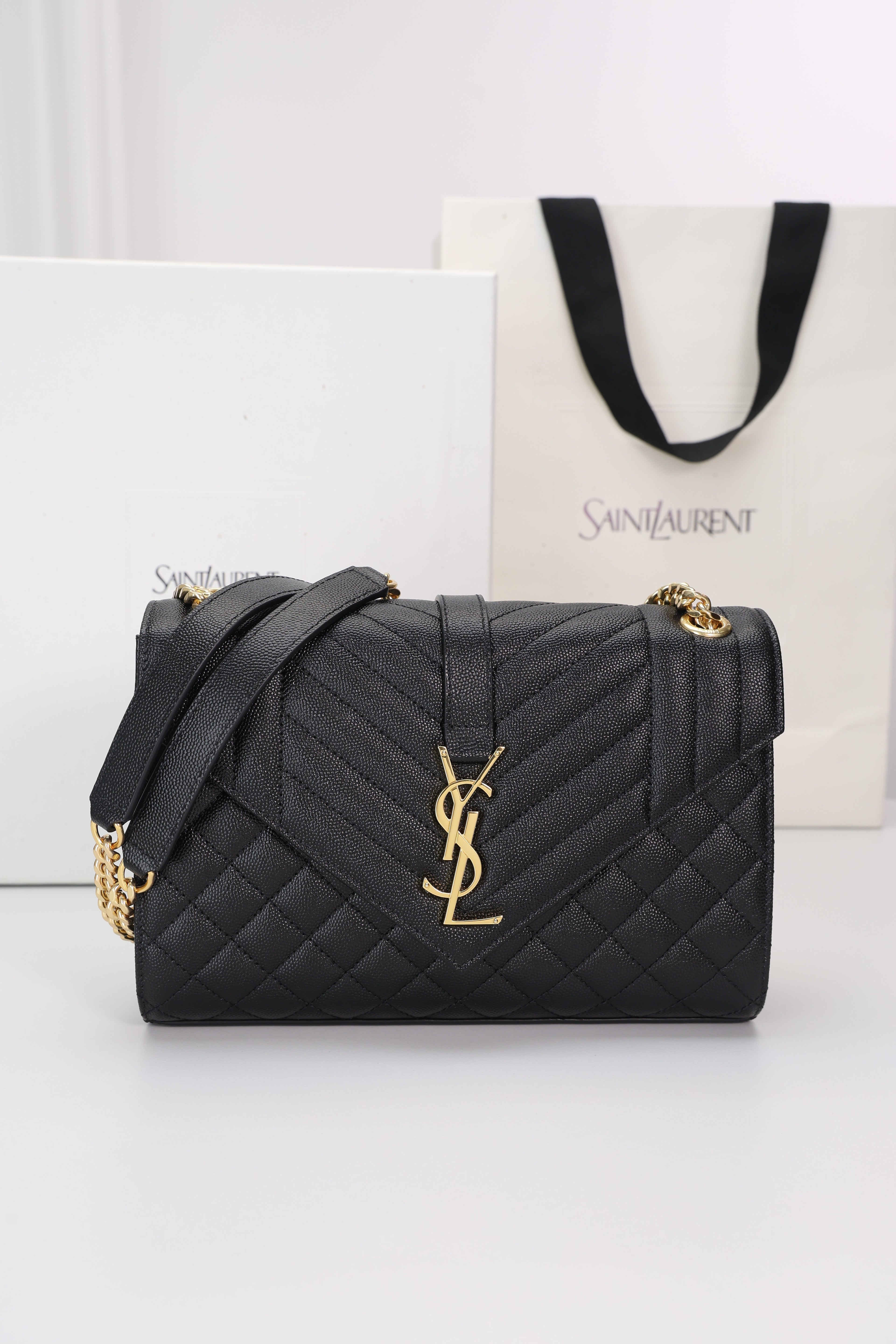 Saint Laurent Envelope Medium Bag — Black Grained Leather with Light Gold Hardware