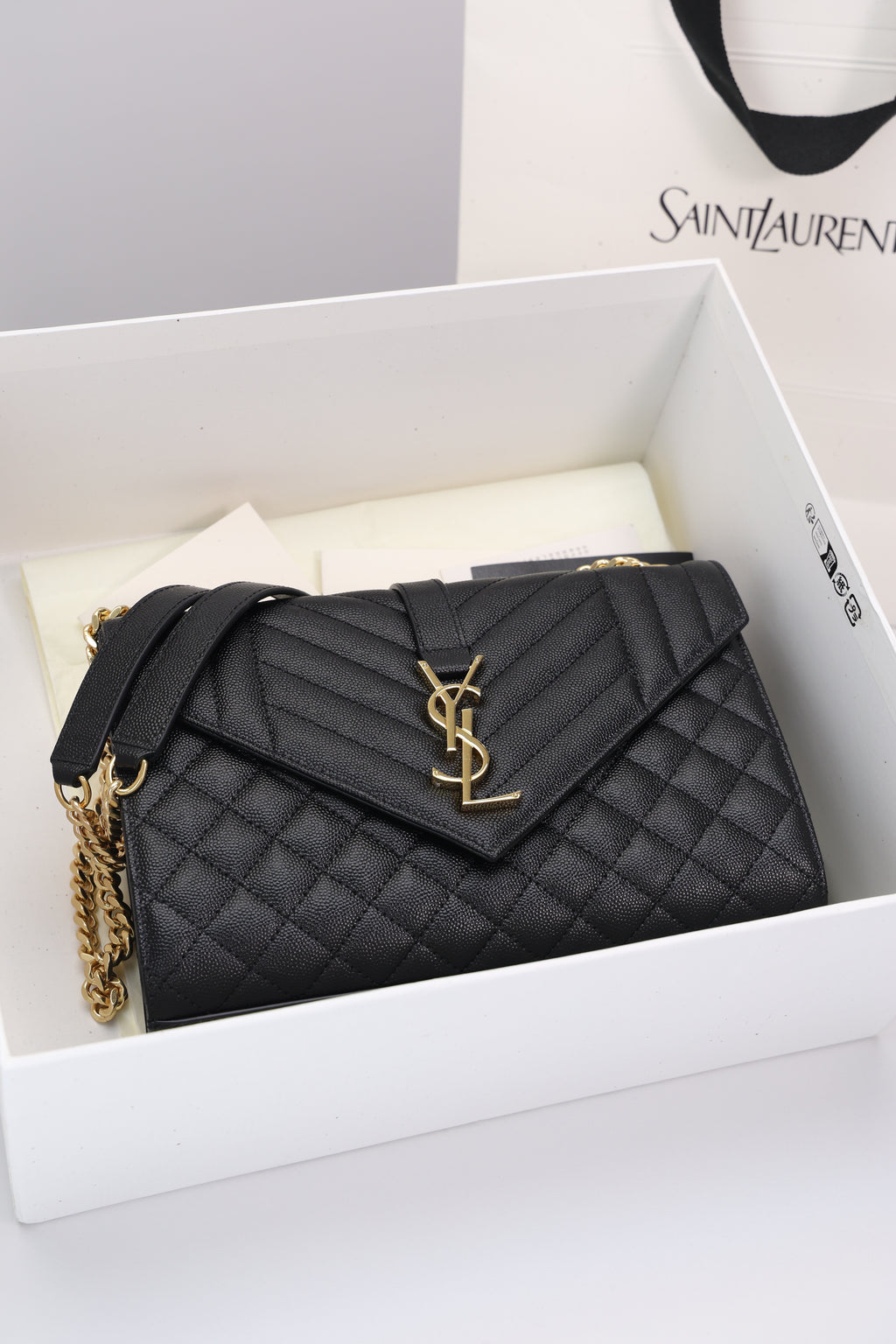 Saint Laurent Envelope Medium Bag — Black Grained Leather with Light Gold Hardware