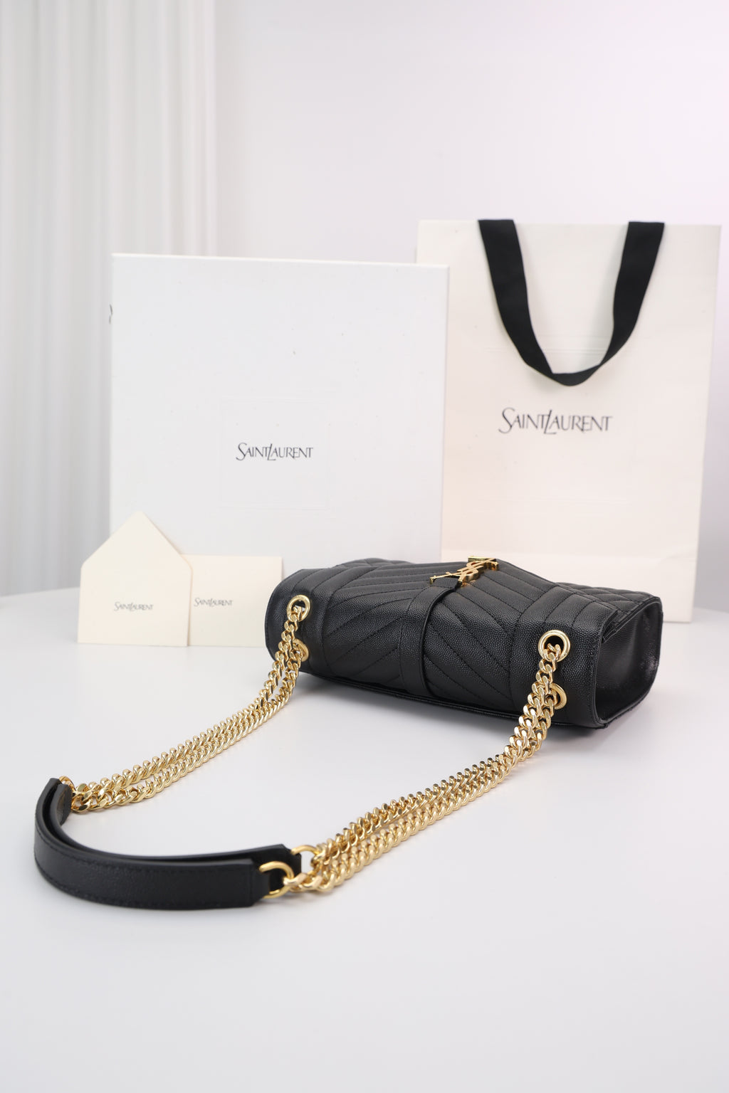 Saint Laurent Envelope Medium Bag — Black Grained Leather with Light Gold Hardware