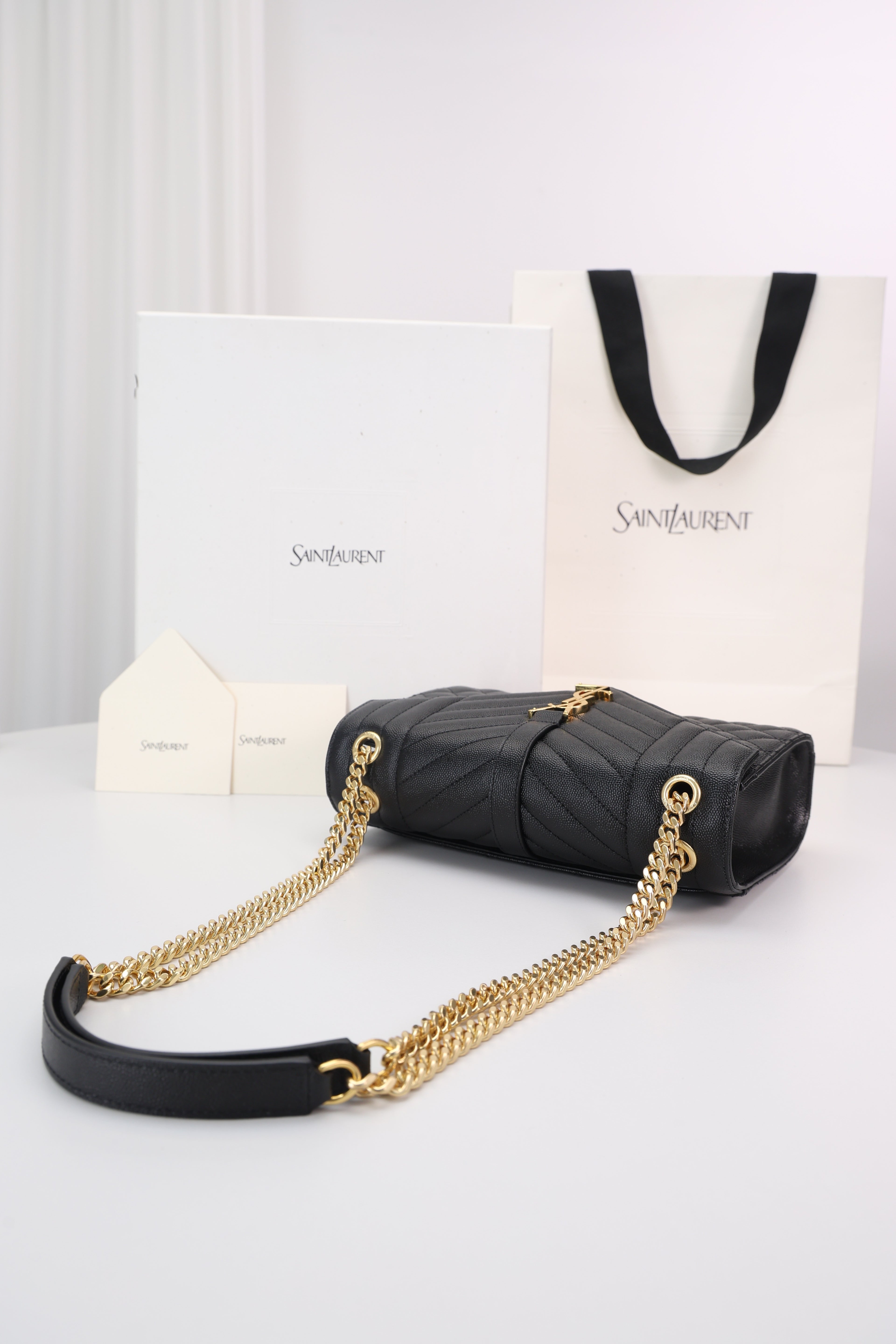 Saint Laurent Envelope Medium Bag — Black Grained Leather with Light Gold Hardware