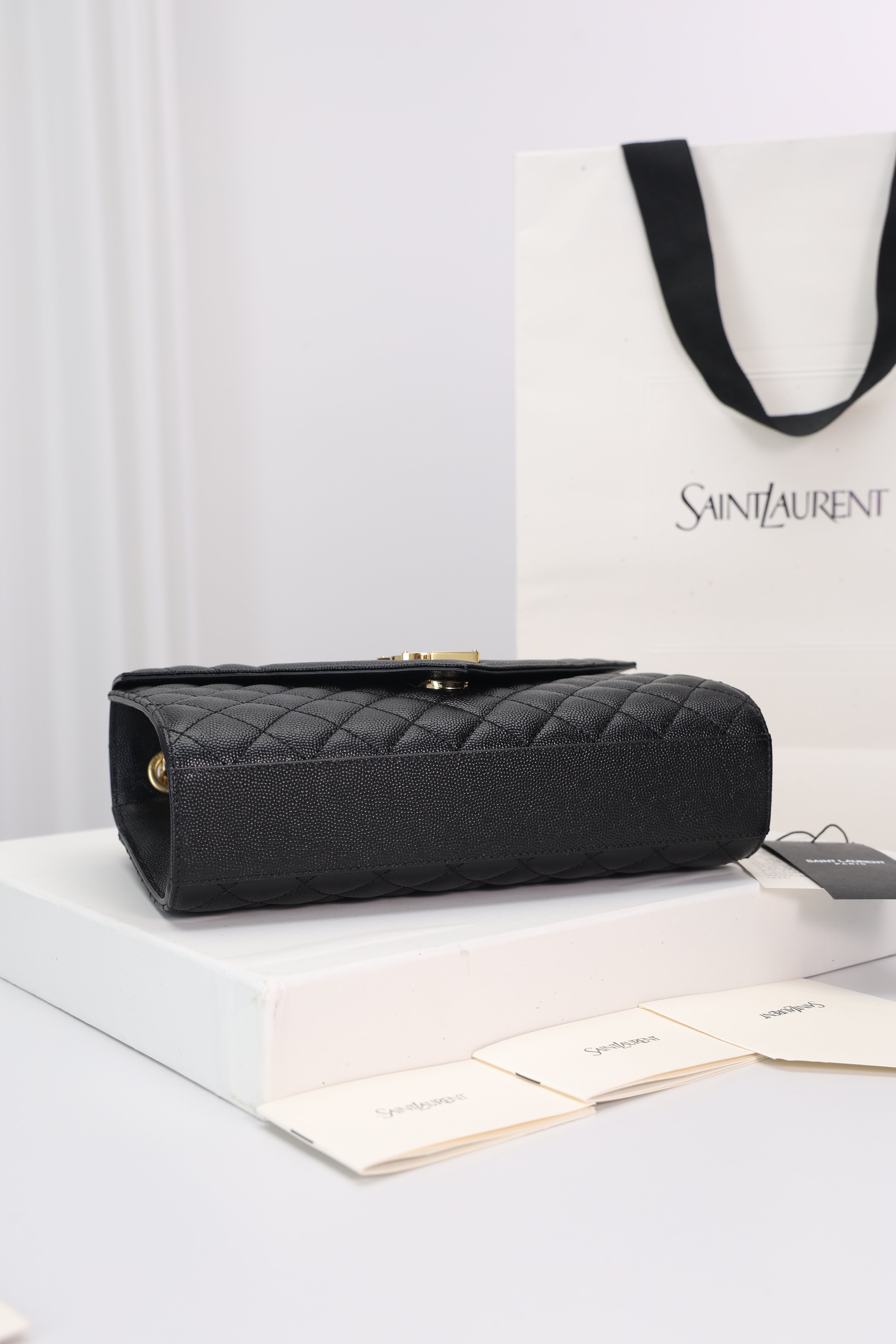 Saint Laurent Envelope Medium Bag — Black Grained Leather with Light Gold Hardware