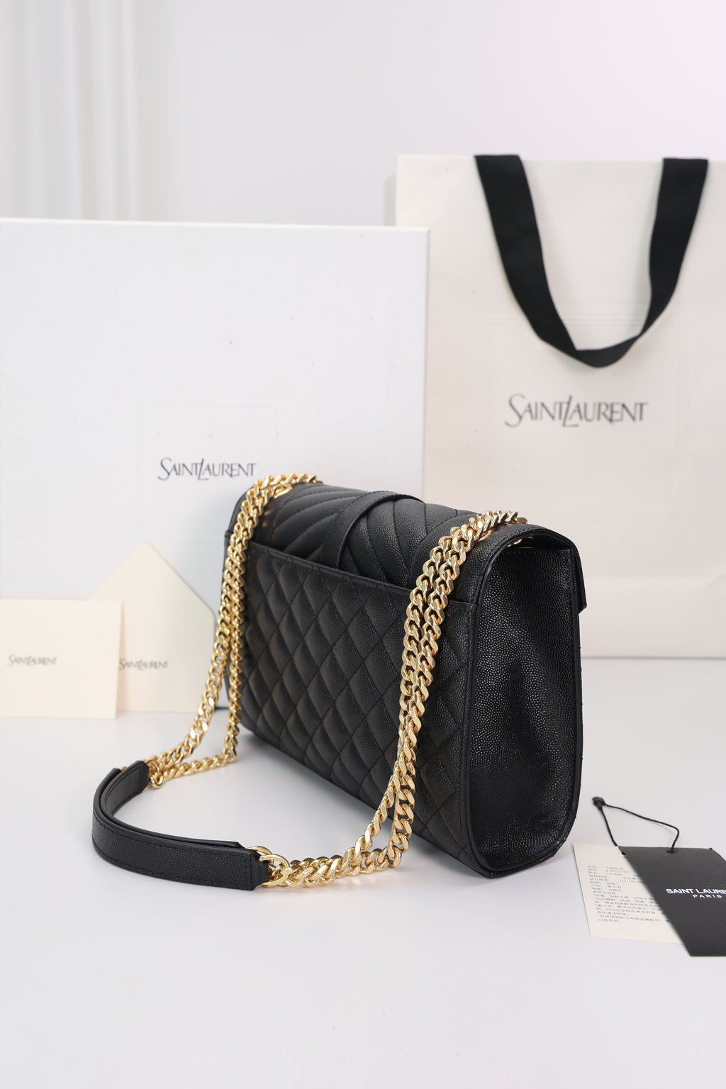 Saint Laurent Envelope Medium Bag — Black Grained Leather with Light Gold Hardware