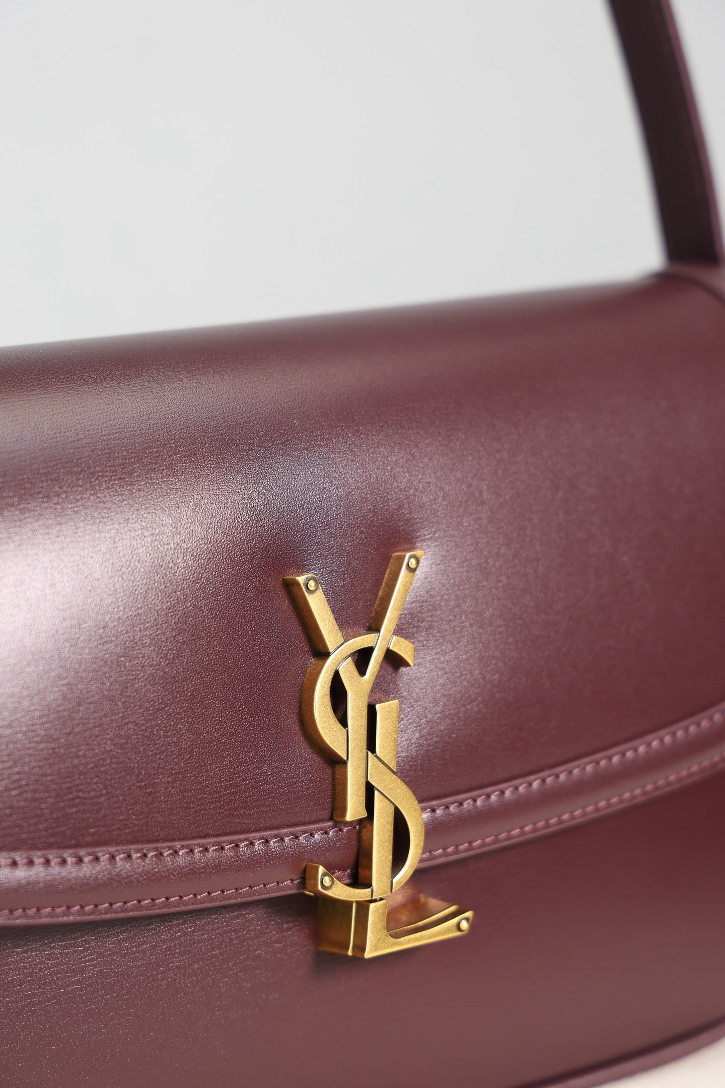 Saint Laurent Solfegino Small Bag — Burgundy Box Leather with Antique Gold Hardware