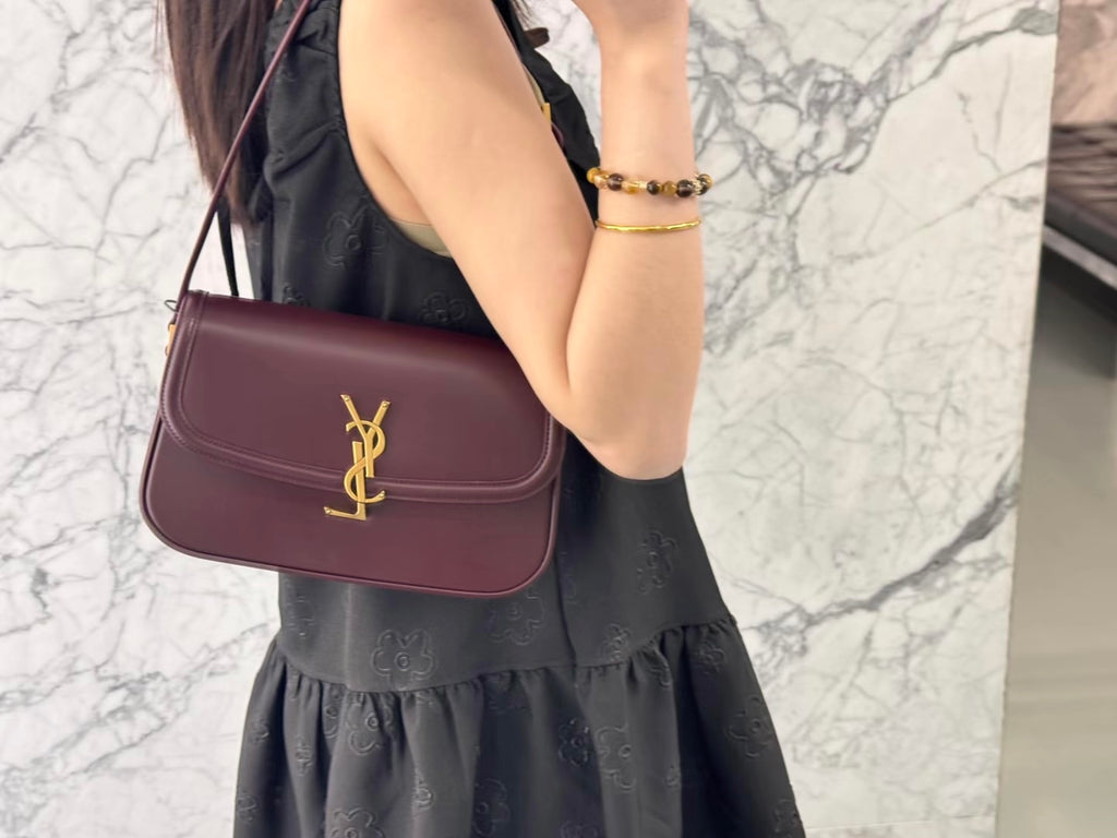 Saint Laurent Solfegino Small Bag — Burgundy Box Leather with Antique Gold Hardware
