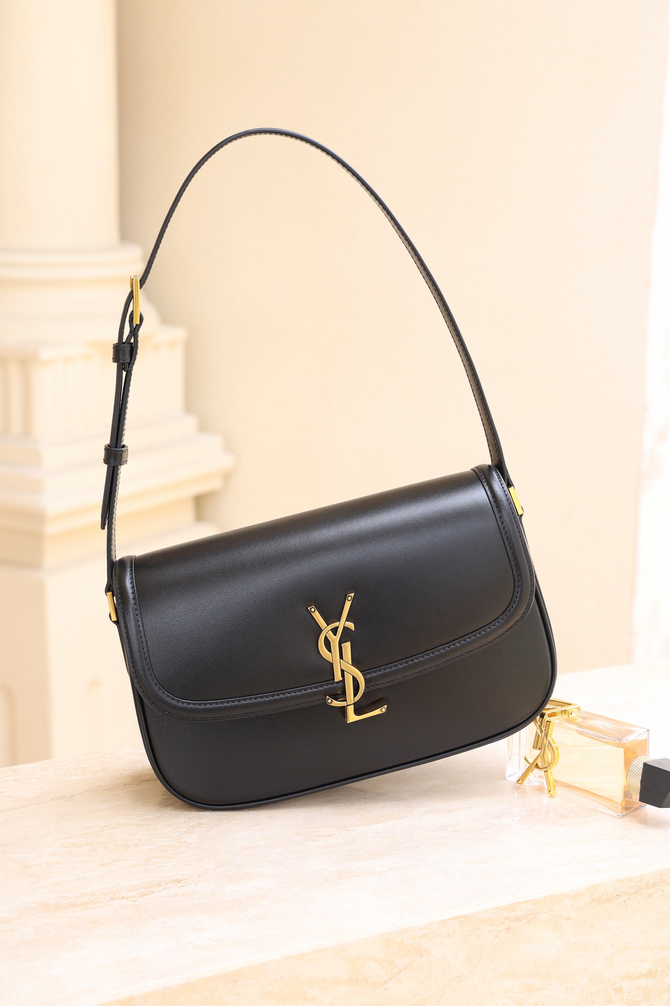 Saint Laurent Solfegino Small Bag — Black Box Leather with Antique Gold Hardware