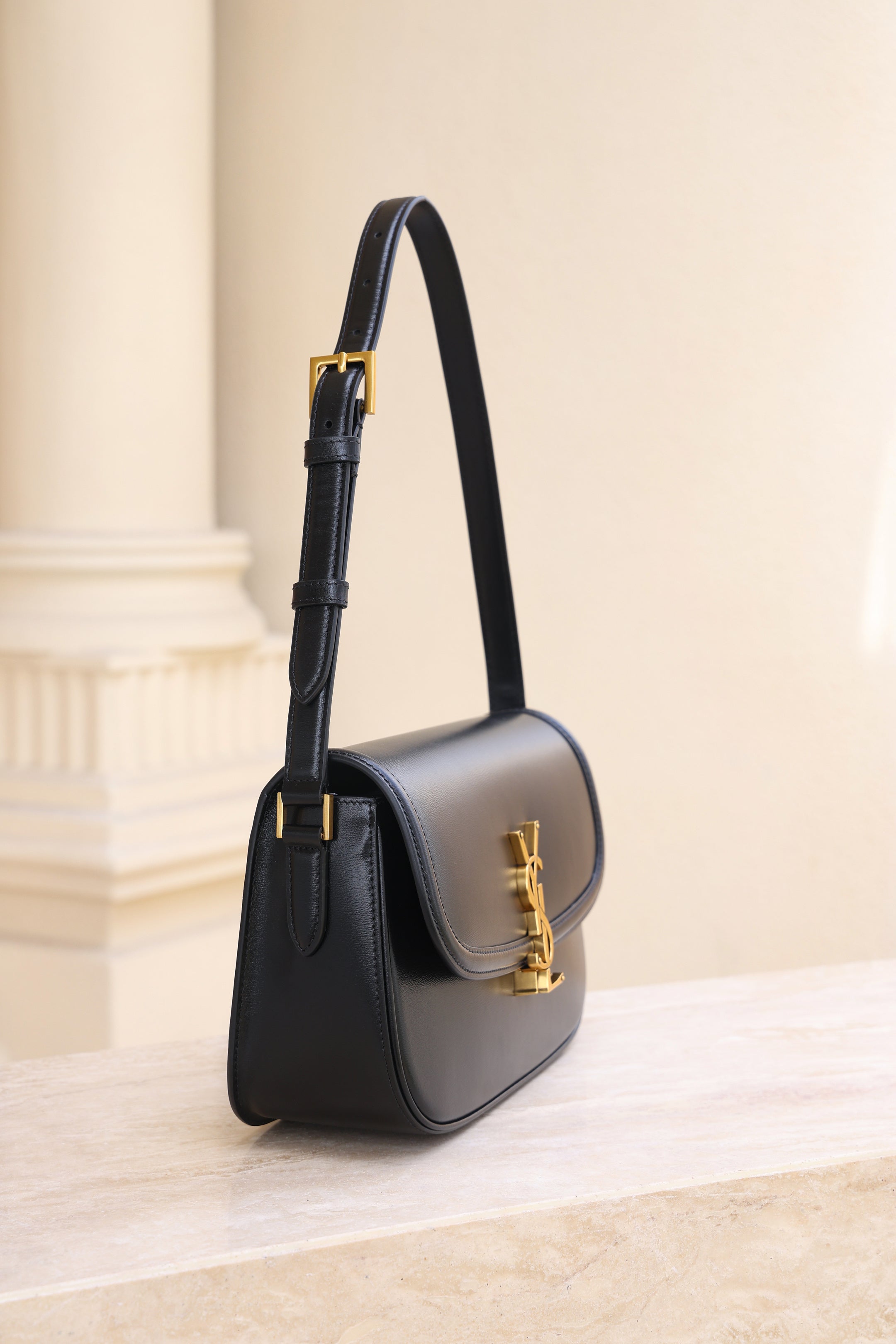 Saint Laurent Solfegino Small Bag — Black Box Leather with Antique Gold Hardware