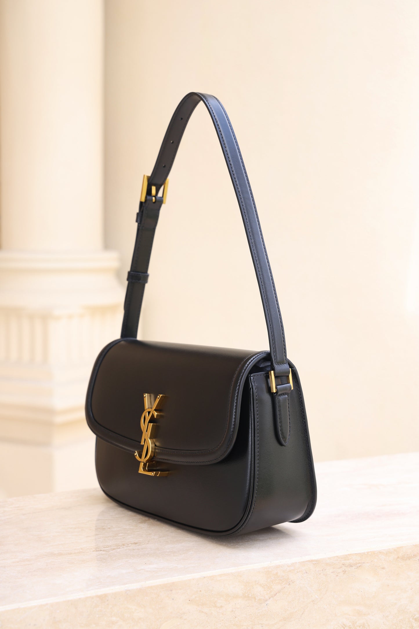 Saint Laurent Solfegino Small Bag — Black Box Leather with Antique Gold Hardware