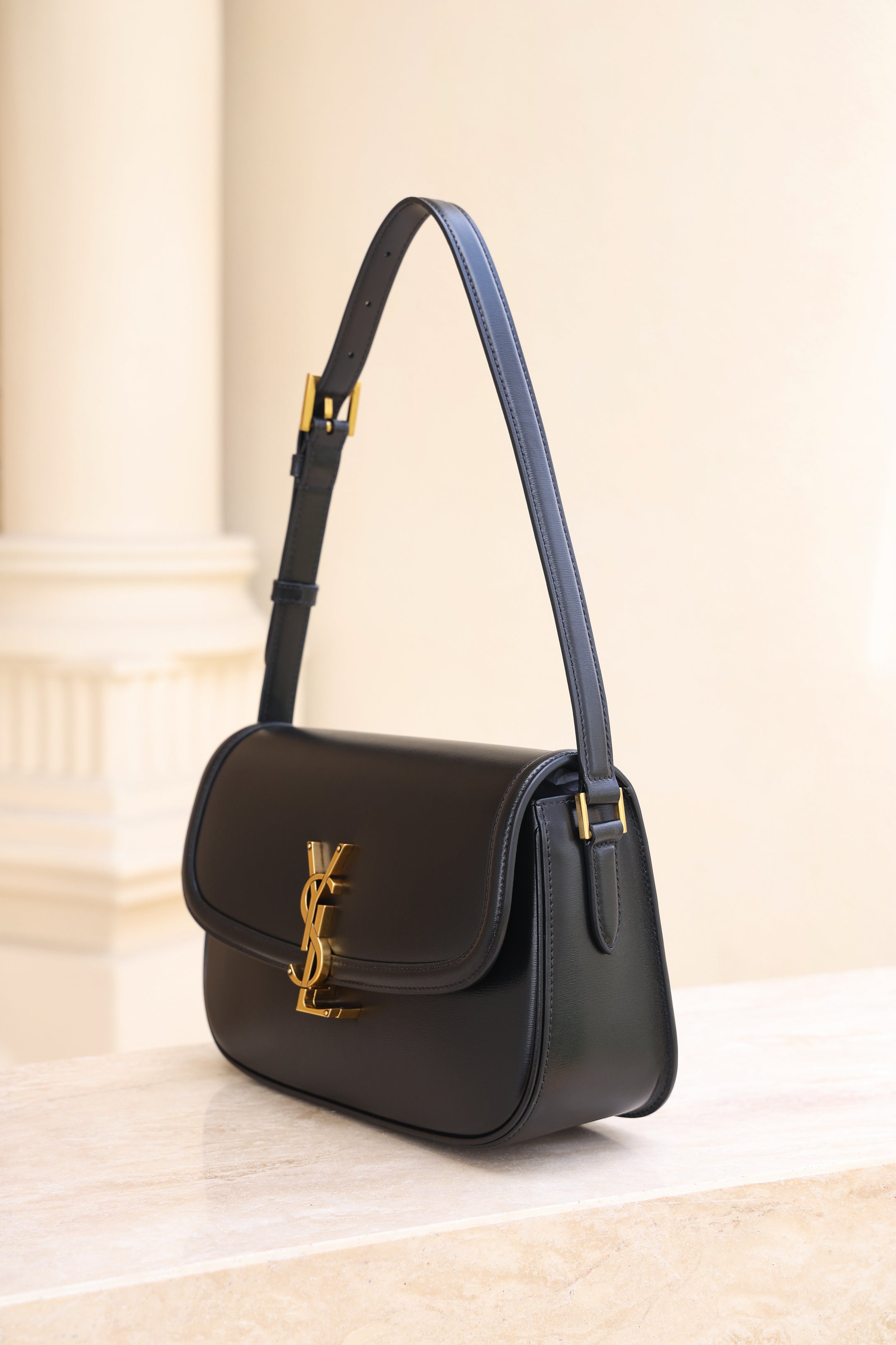 Saint Laurent Solfegino Small Bag — Black Box Leather with Antique Gold Hardware