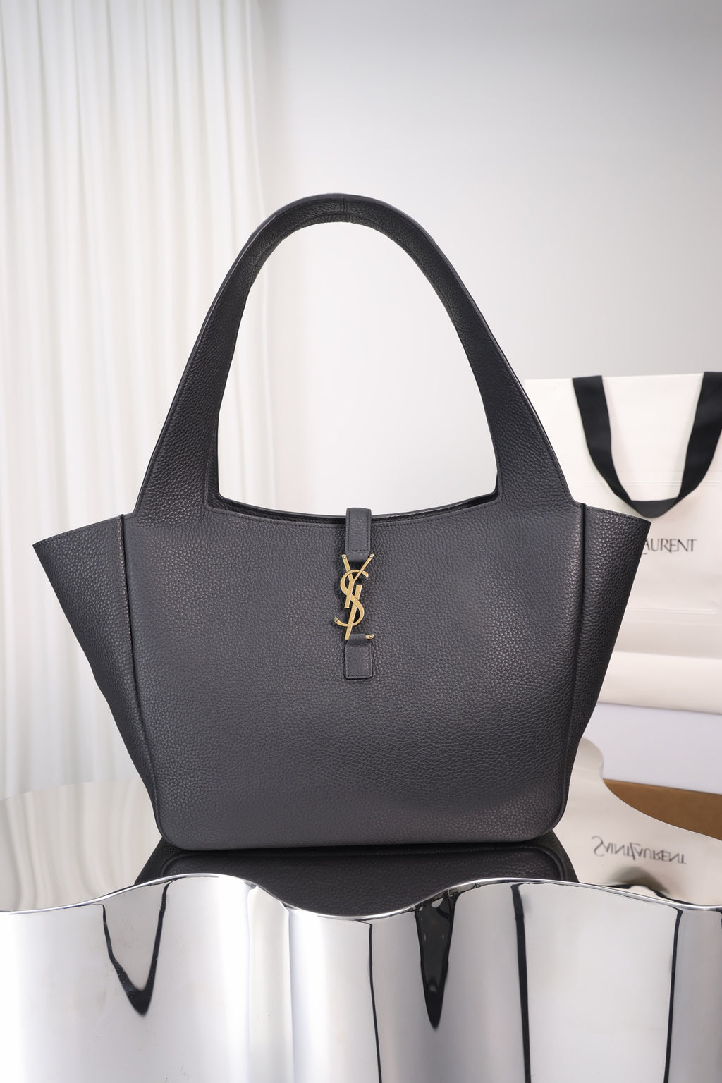 Saint Laurent Le 5 à 7 Bea Tote — Black Grained Deer Leather with Antique Gold Hardware