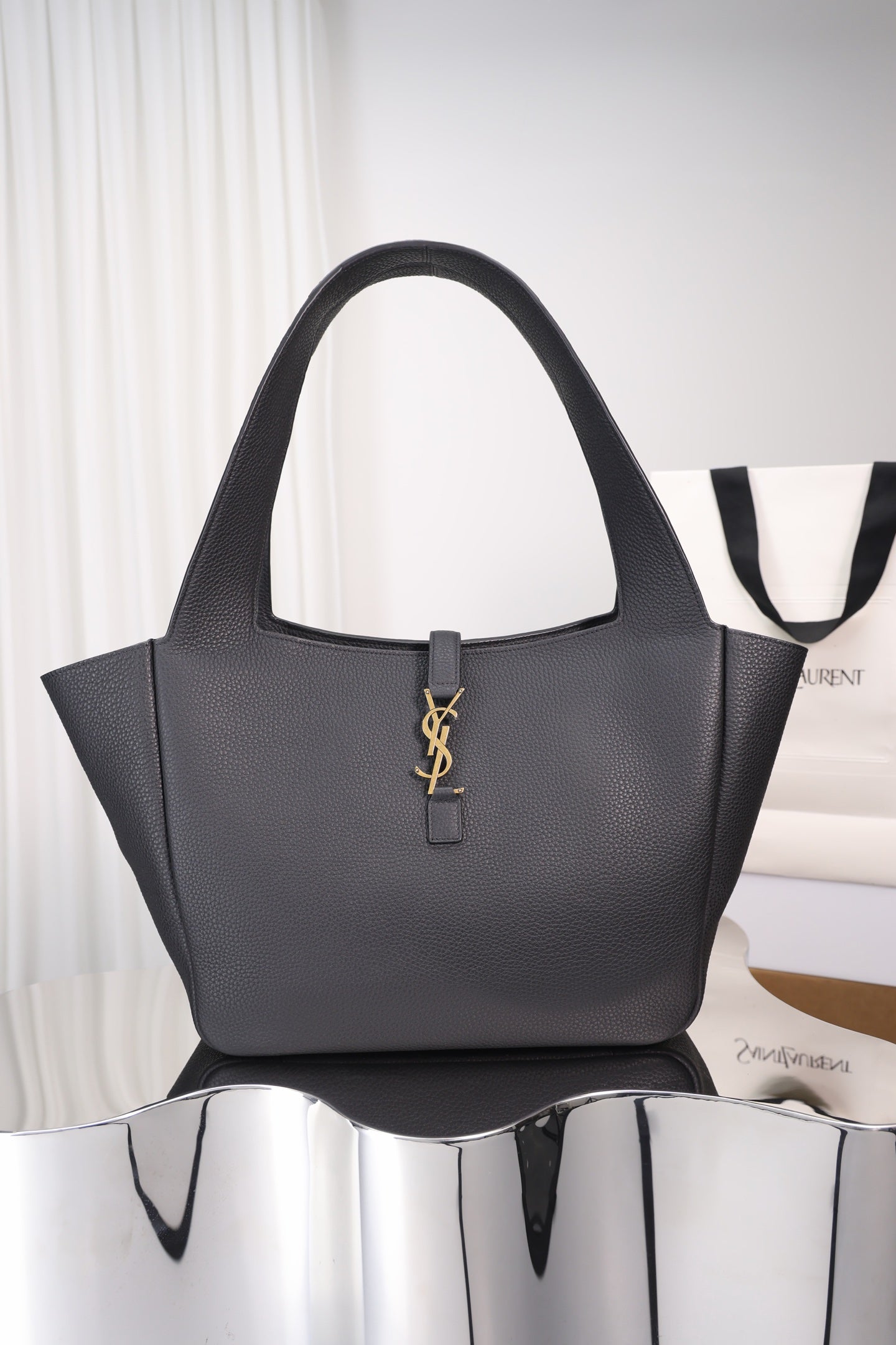 Saint Laurent Le 5 à 7 Bea Tote — Black Grained Deer Leather with Antique Gold Hardware