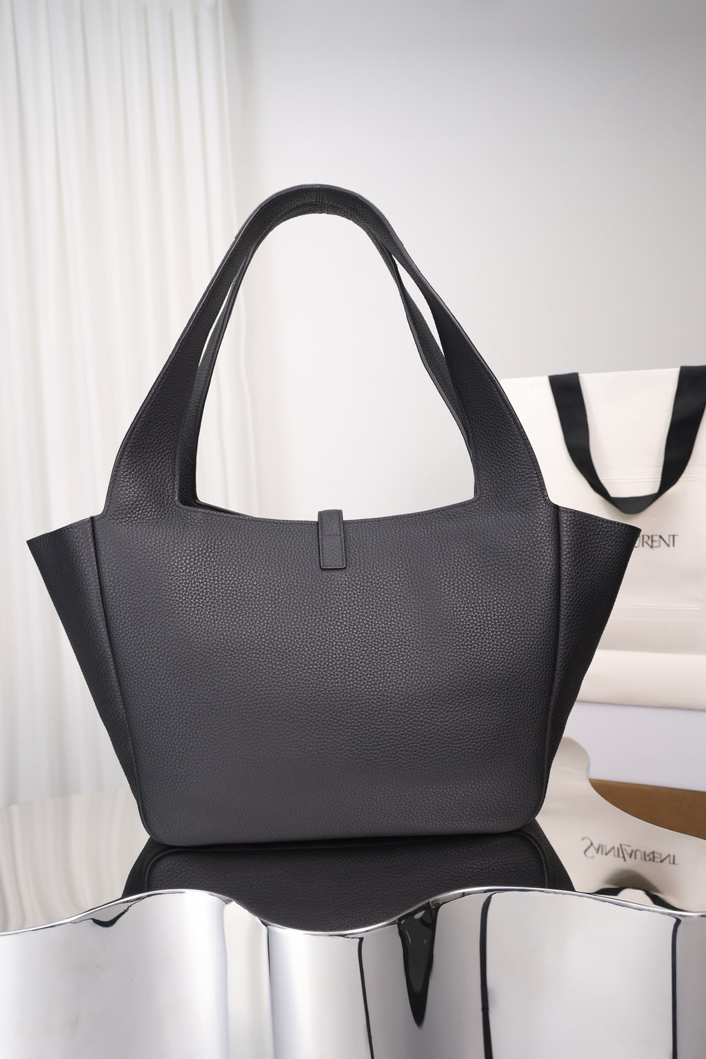 Saint Laurent Le 5 à 7 Bea Tote — Black Grained Deer Leather with Antique Gold Hardware