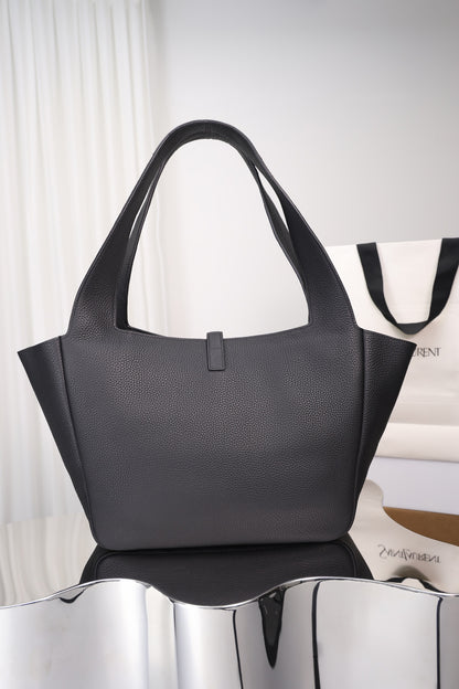 Saint Laurent Le 5 à 7 Bea Tote — Black Grained Deer Leather with Antique Gold Hardware