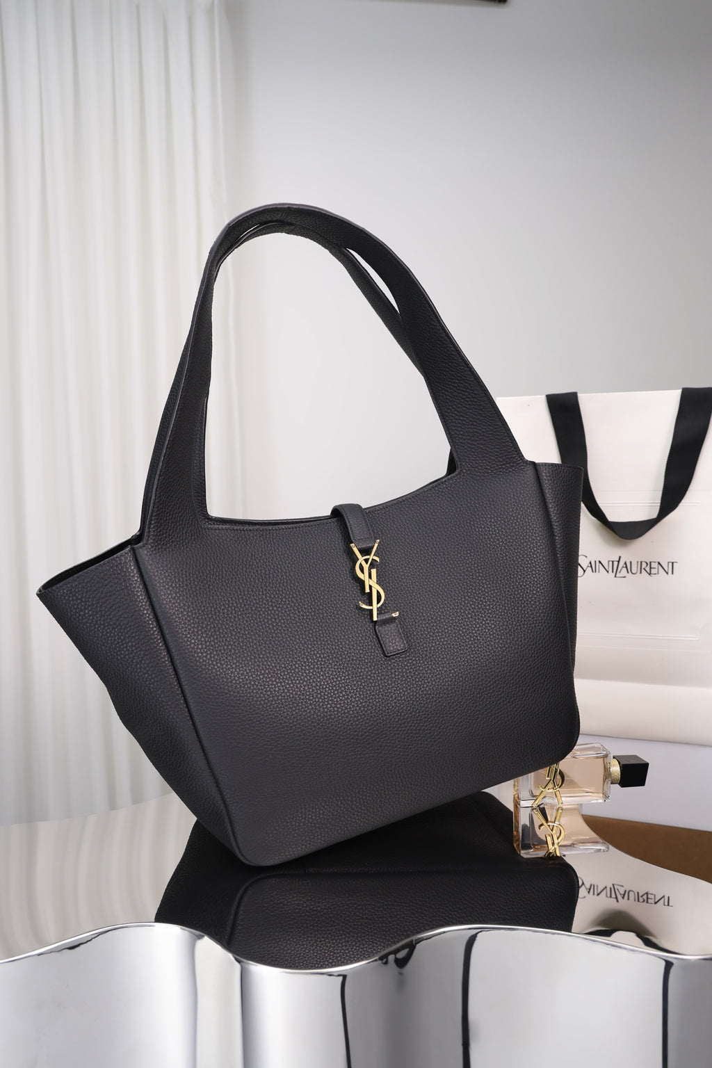 Saint Laurent Le 5 à 7 Bea Tote — Black Grained Deer Leather with Antique Gold Hardware
