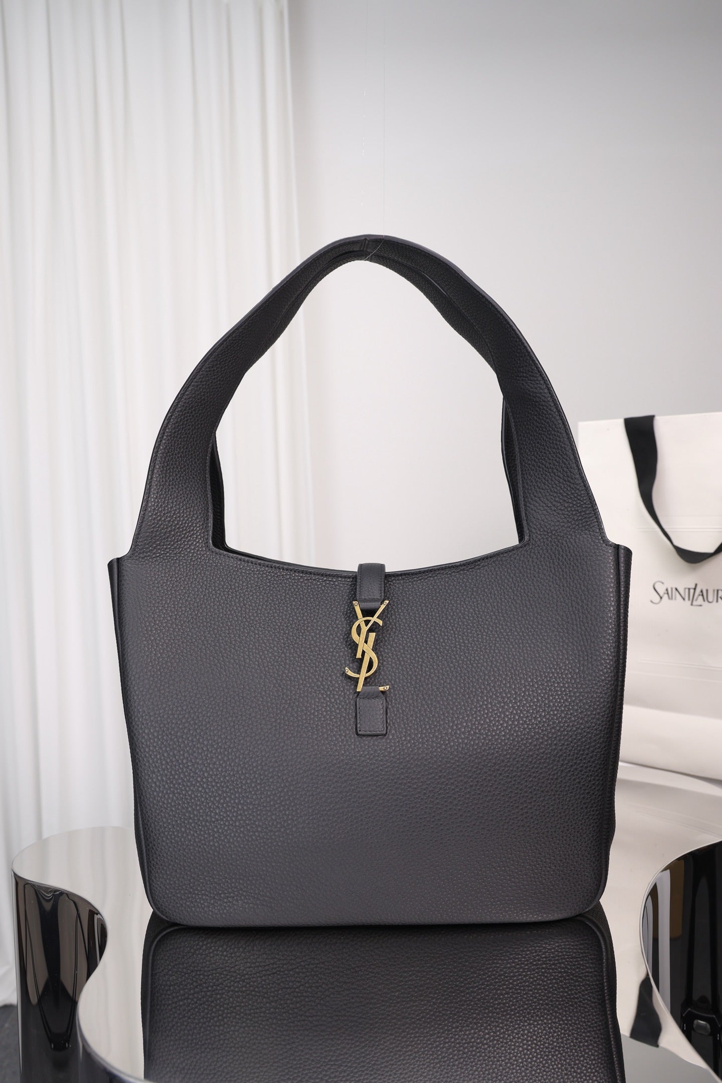 Saint Laurent Le 5 à 7 Bea Tote — Black Grained Deer Leather with Antique Gold Hardware