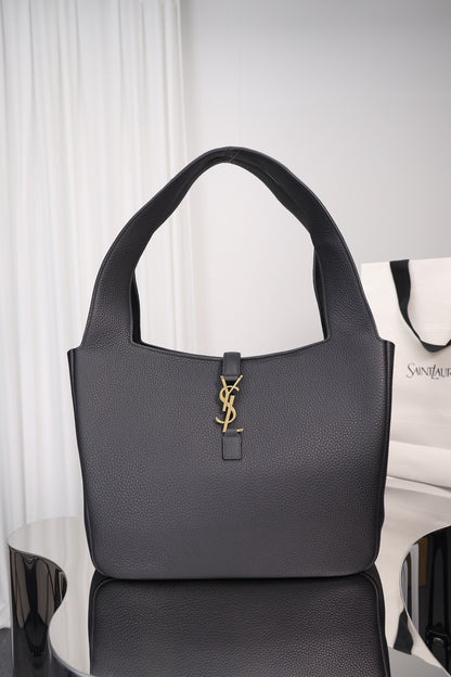 Saint Laurent Le 5 à 7 Bea Tote — Black Grained Deer Leather with Antique Gold Hardware