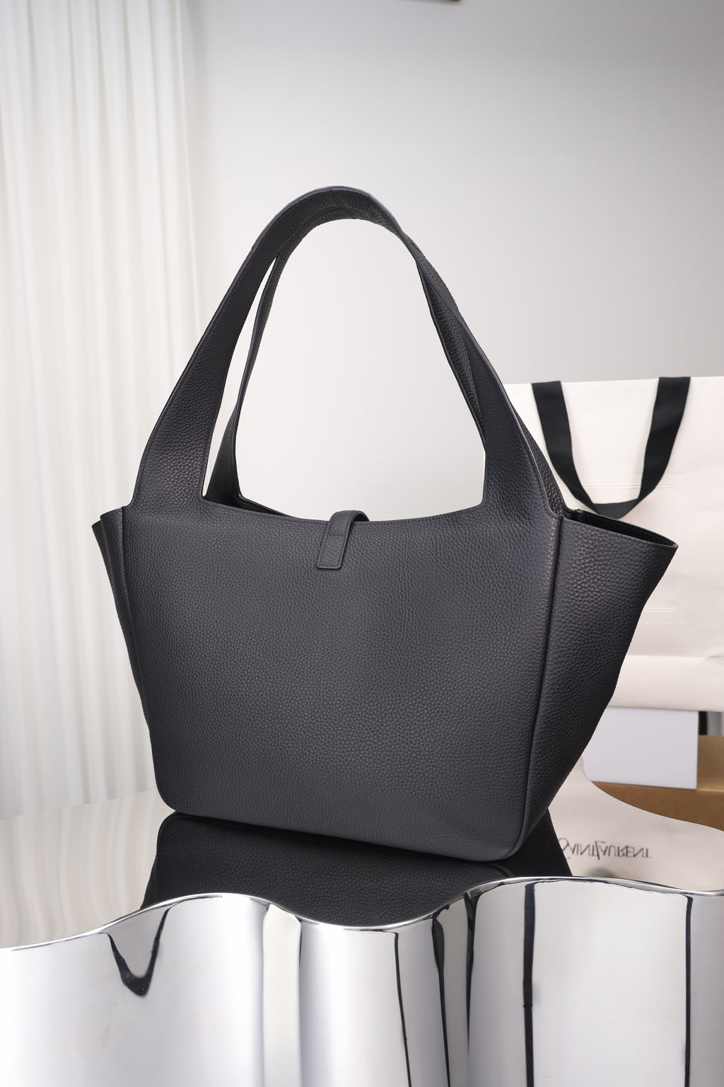 Saint Laurent Le 5 à 7 Bea Tote — Black Grained Deer Leather with Antique Gold Hardware
