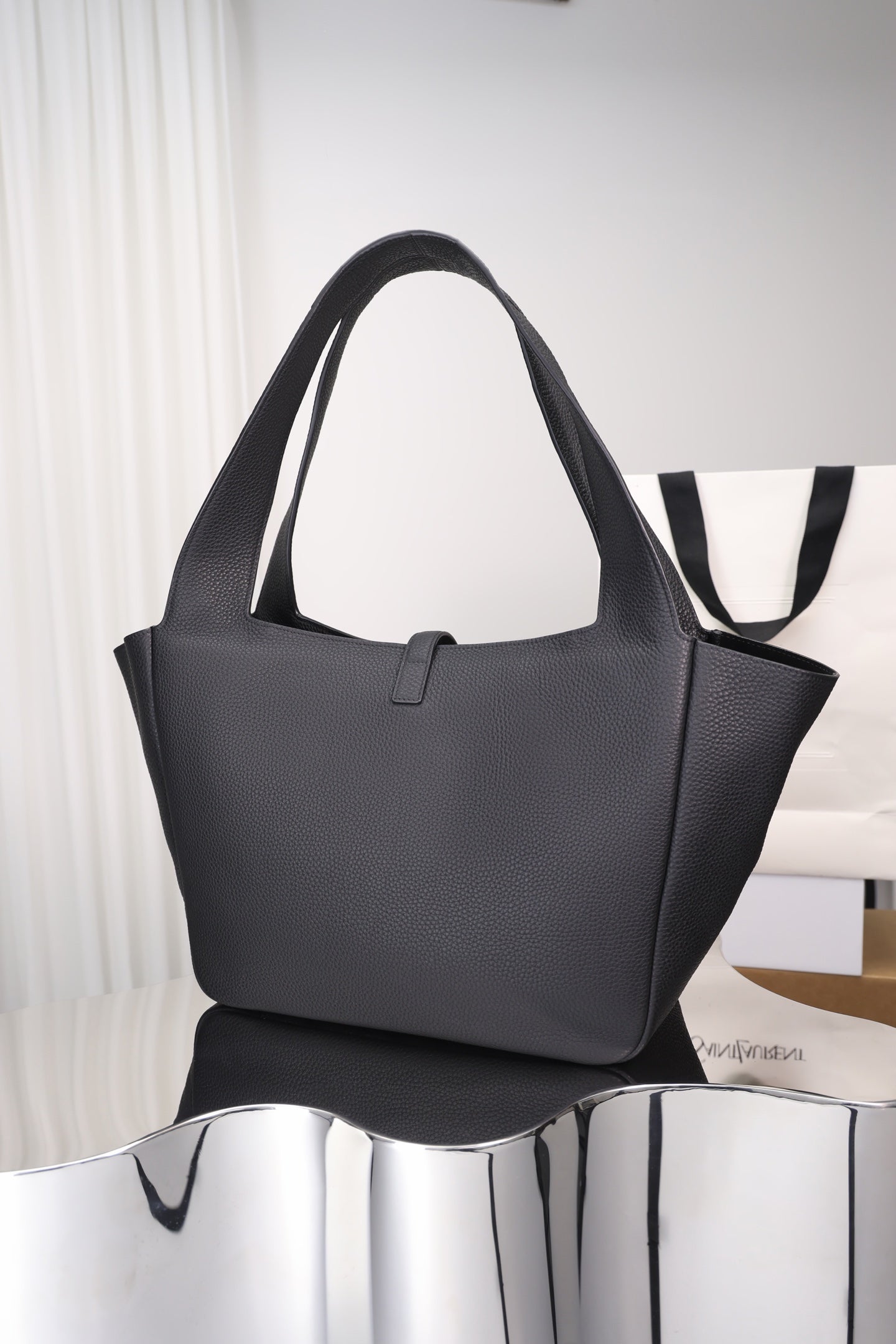Saint Laurent Le 5 à 7 Bea Tote — Black Grained Deer Leather with Antique Gold Hardware