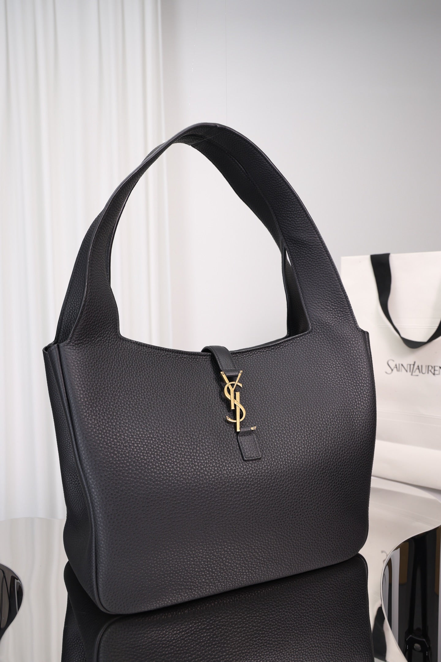 Saint Laurent Le 5 à 7 Bea Tote — Black Grained Deer Leather with Antique Gold Hardware