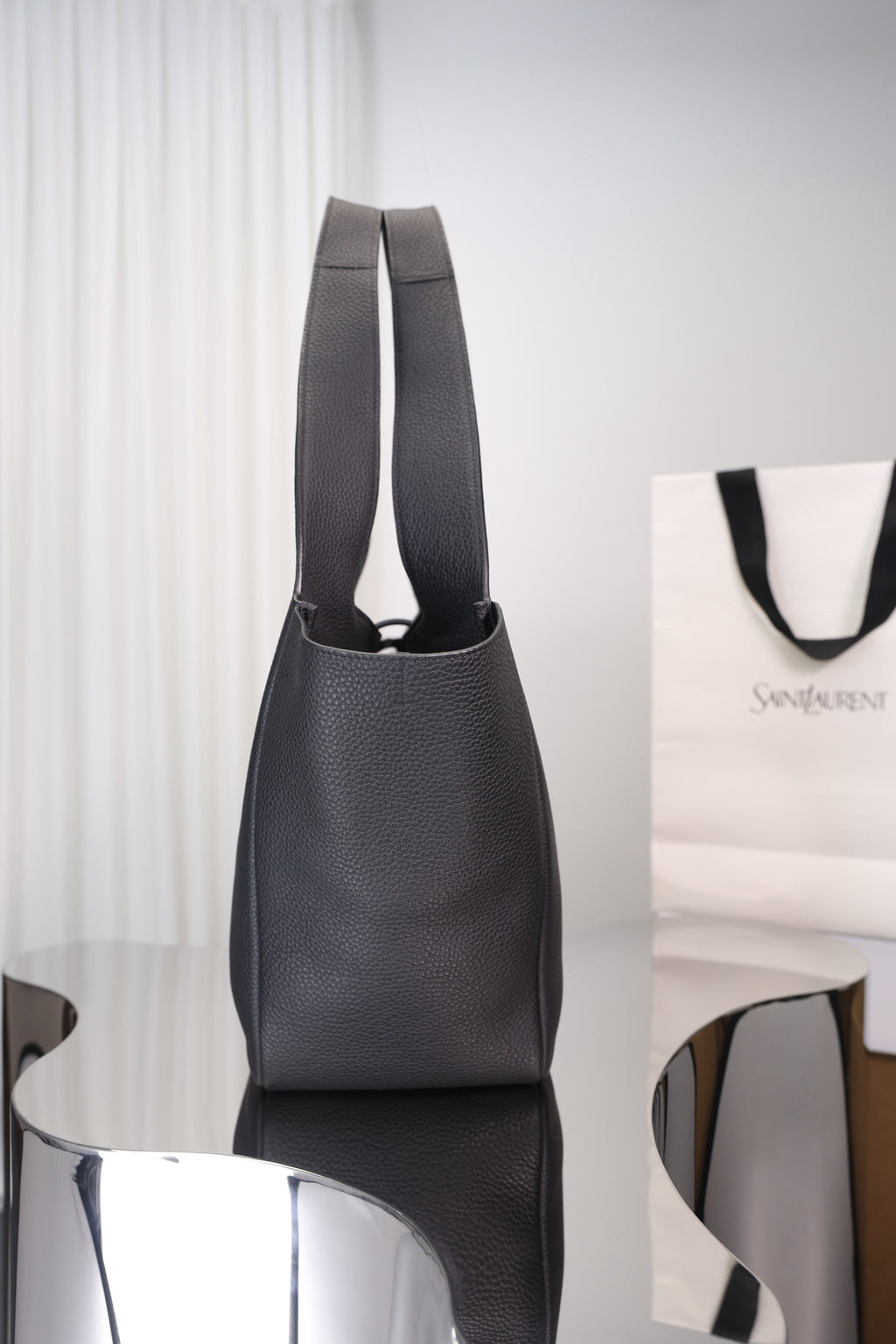 Saint Laurent Le 5 à 7 Bea Tote — Black Grained Deer Leather with Antique Gold Hardware