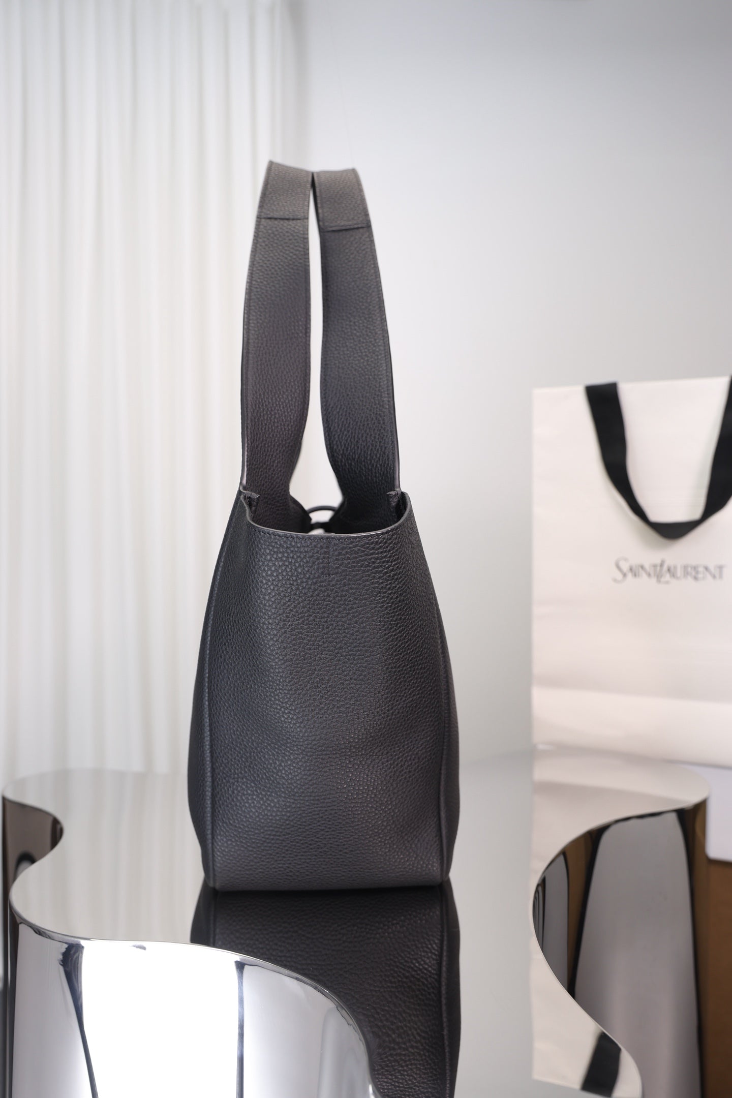 Saint Laurent Le 5 à 7 Bea Tote — Black Grained Deer Leather with Antique Gold Hardware
