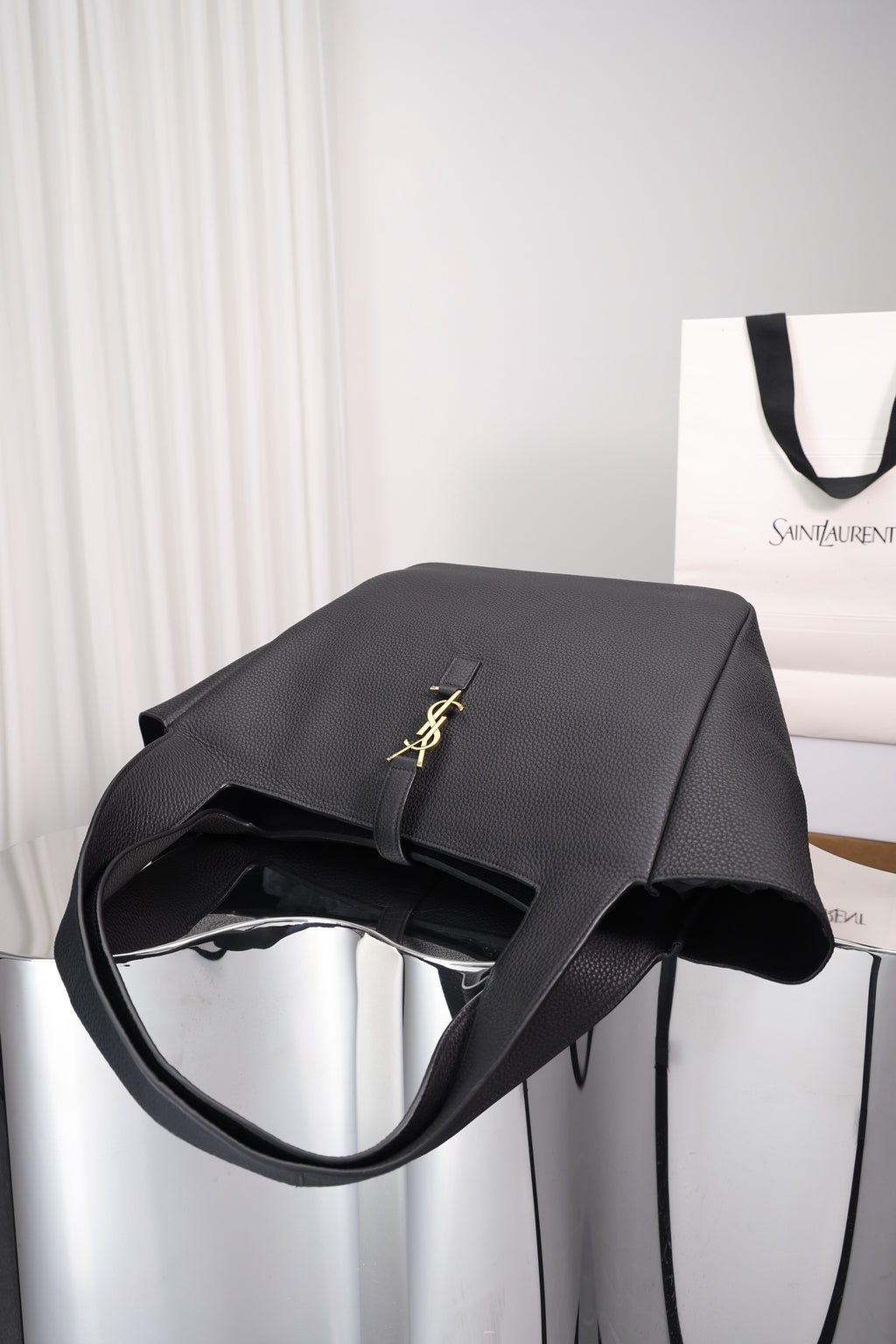 Saint Laurent Le 5 à 7 Bea Tote — Black Grained Deer Leather with Antique Gold Hardware