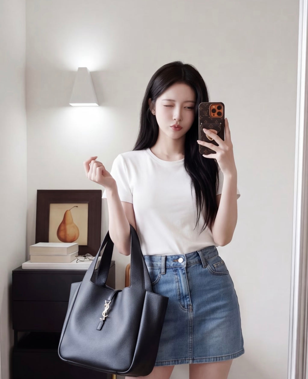 Saint Laurent Le 5 à 7 Bea Tote — Black Grained Deer Leather with Antique Gold Hardware