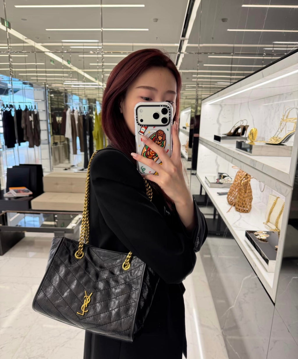 Saint Laurent Niki Shopping Small Bag — Black Crinkled Leather with Antique Gold Hardware