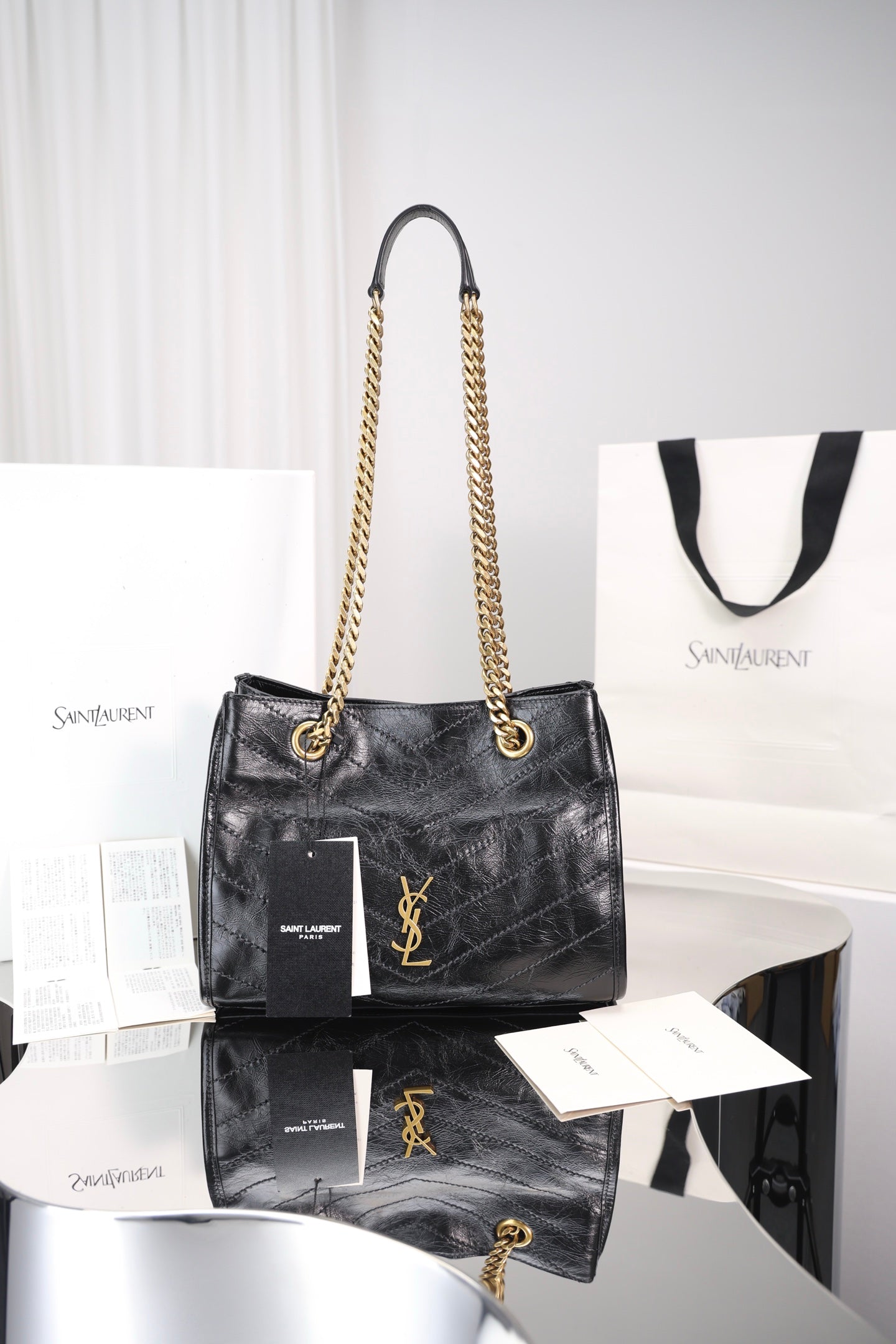 Saint Laurent Niki Shopping Small Bag — Black Crinkled Leather with Antique Gold Hardware