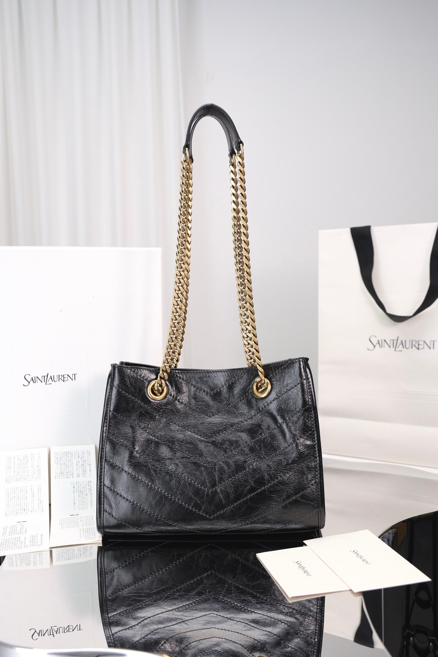 Saint Laurent Niki Shopping Small Bag — Black Crinkled Leather with Antique Gold Hardware