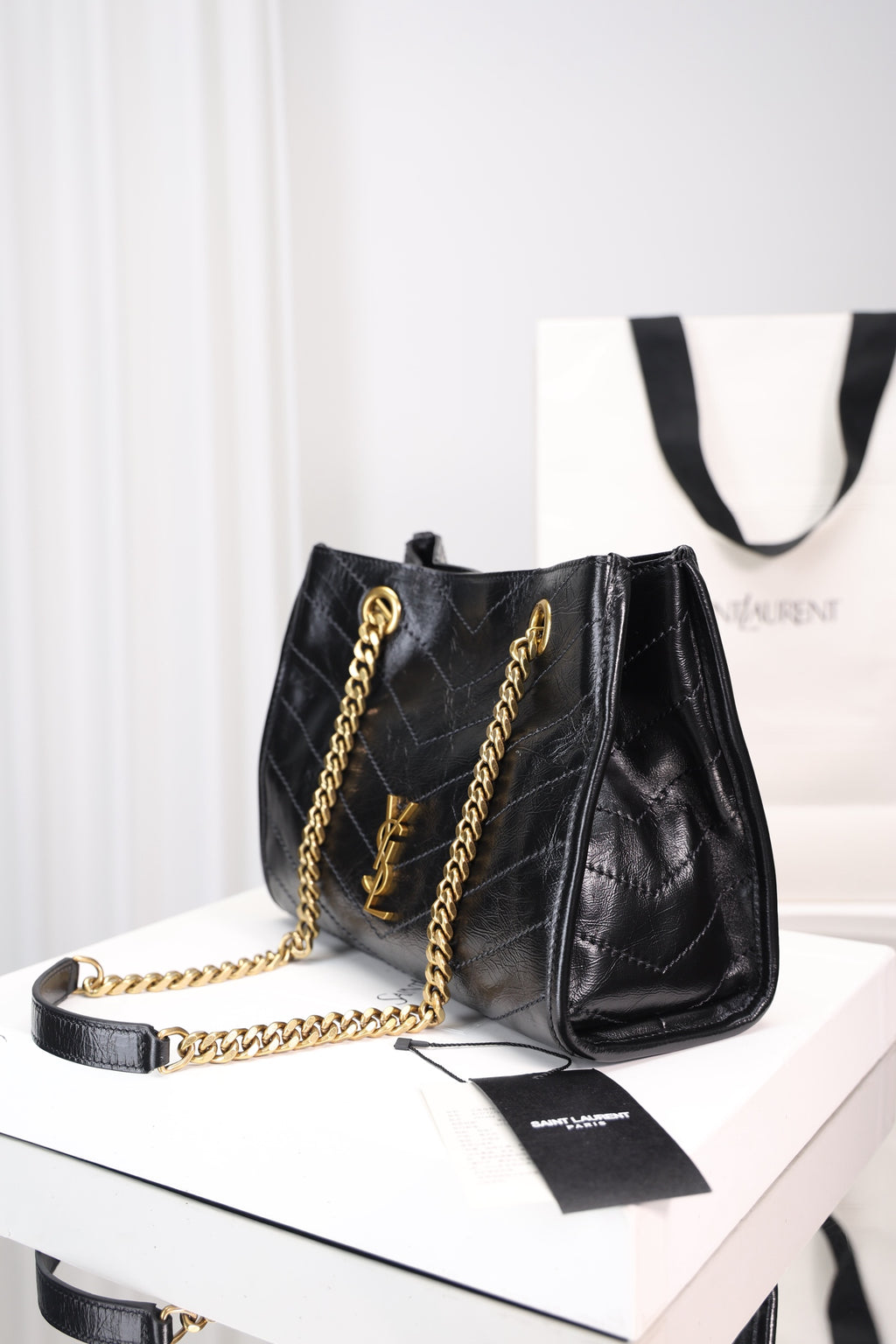 Saint Laurent Niki Shopping Small Bag — Black Crinkled Leather with Antique Gold Hardware