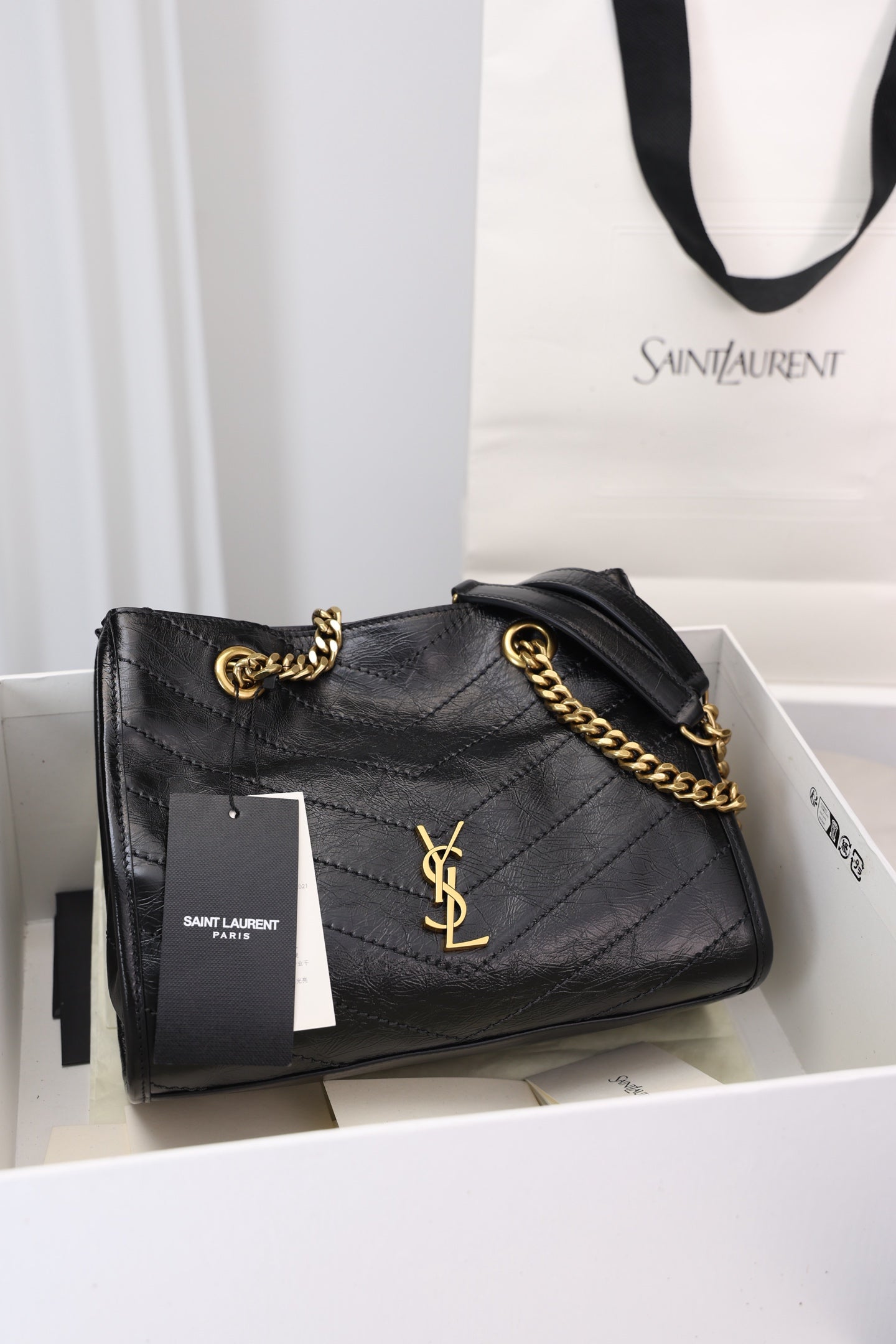Saint Laurent Niki Shopping Small Bag — Black Crinkled Leather with Antique Gold Hardware