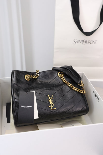 Saint Laurent Niki Shopping Small Bag — Black Crinkled Leather with Antique Gold Hardware