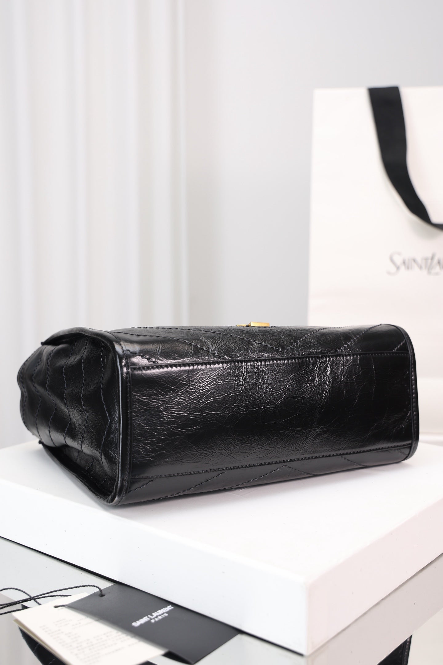 Saint Laurent Niki Shopping Small Bag — Black Crinkled Leather with Antique Gold Hardware