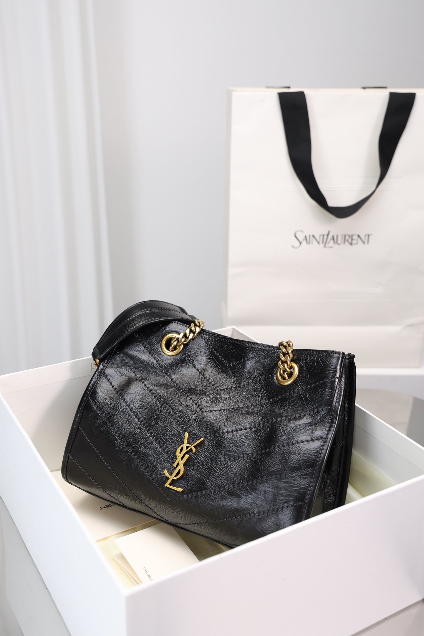 Saint Laurent Niki Shopping Small Bag — Black Crinkled Leather with Antique Gold Hardware