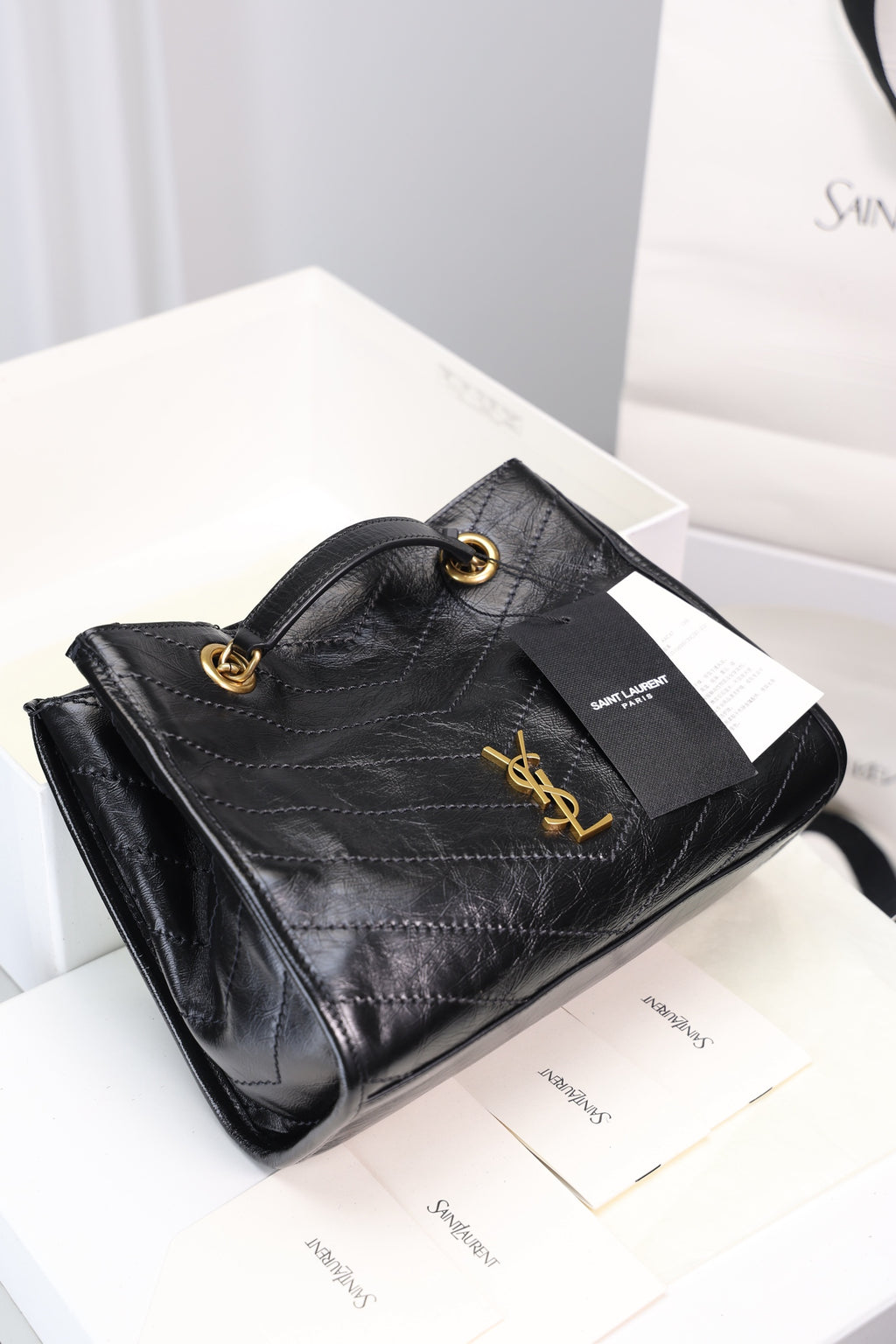 Saint Laurent Niki Shopping Small Bag — Black Crinkled Leather with Antique Gold Hardware