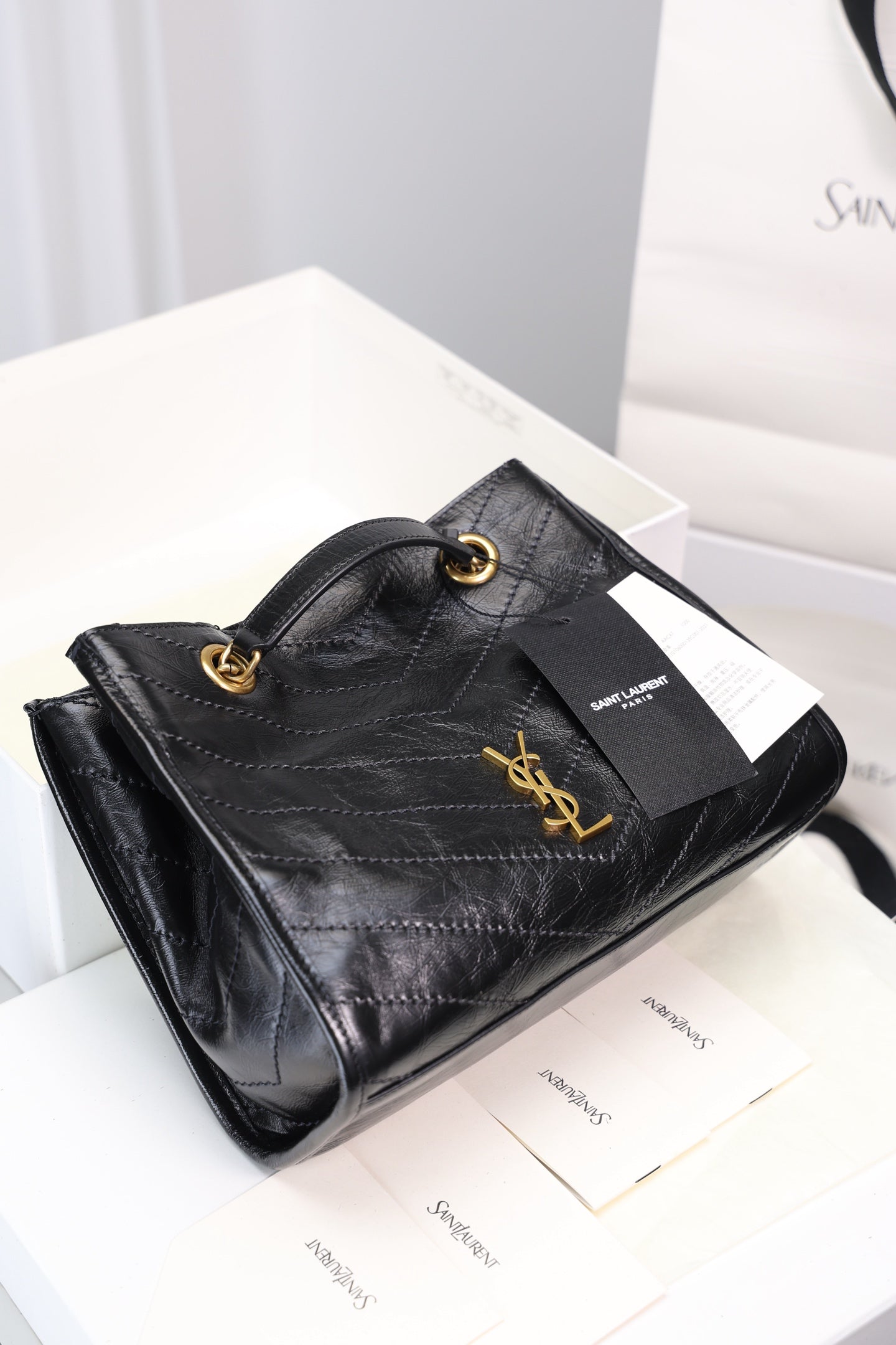 Saint Laurent Niki Shopping Small Bag — Black Crinkled Leather with Antique Gold Hardware