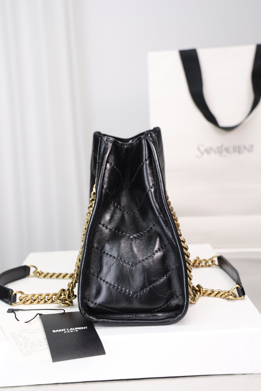 Saint Laurent Niki Shopping Small Bag — Black Crinkled Leather with Antique Gold Hardware
