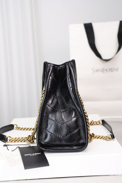 Saint Laurent Niki Shopping Small Bag — Black Crinkled Leather with Antique Gold Hardware