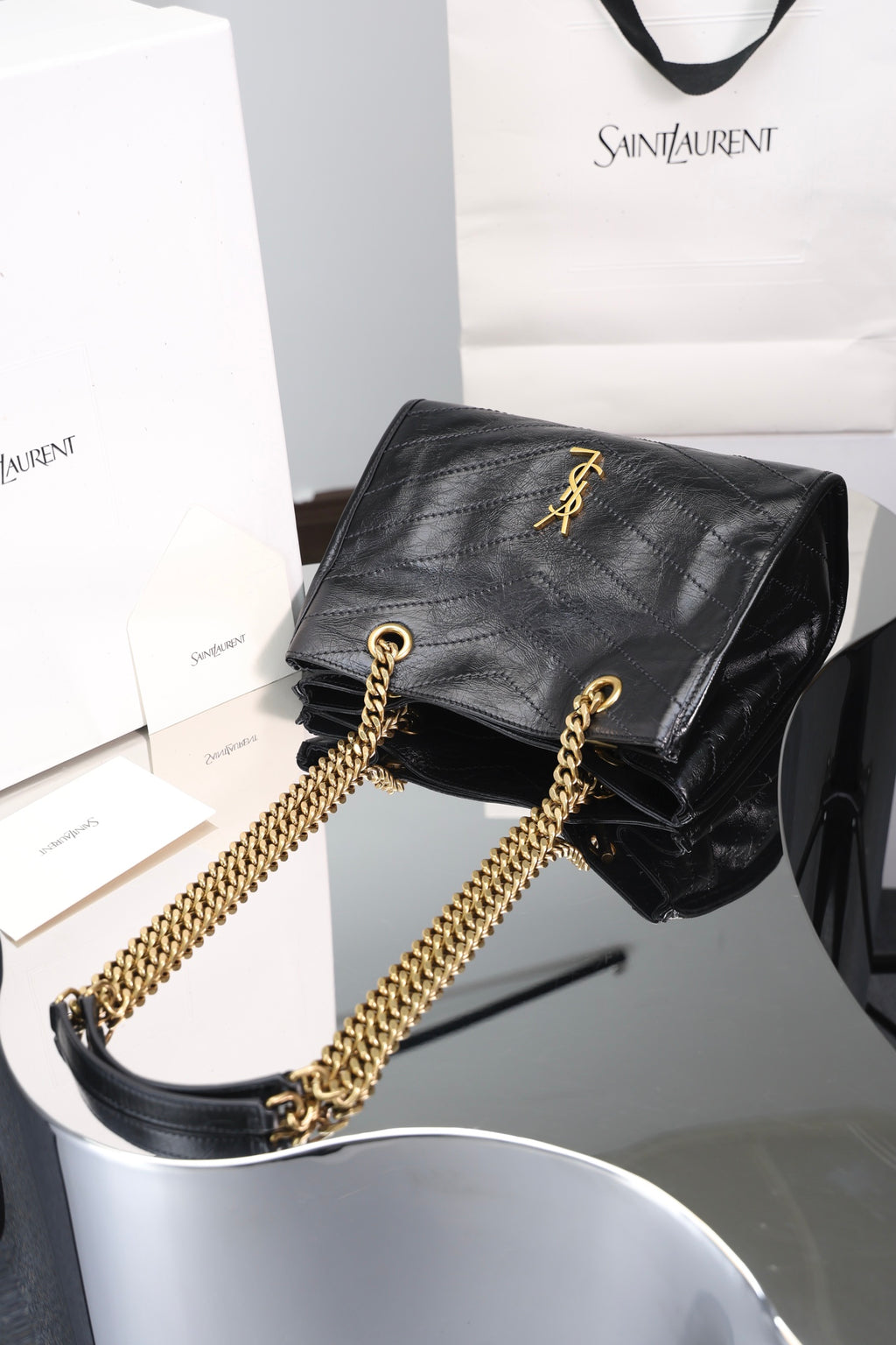 Saint Laurent Niki Shopping Small Bag — Black Crinkled Leather with Antique Gold Hardware