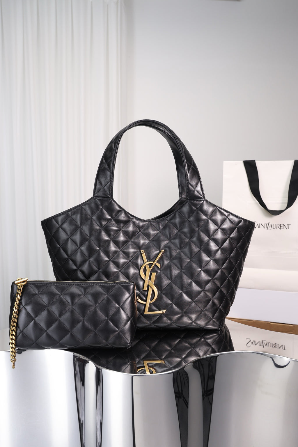 Saint Laurent Icare Shopping Bag Small — Black Quilted Lambskin with Antique Gold Hardware