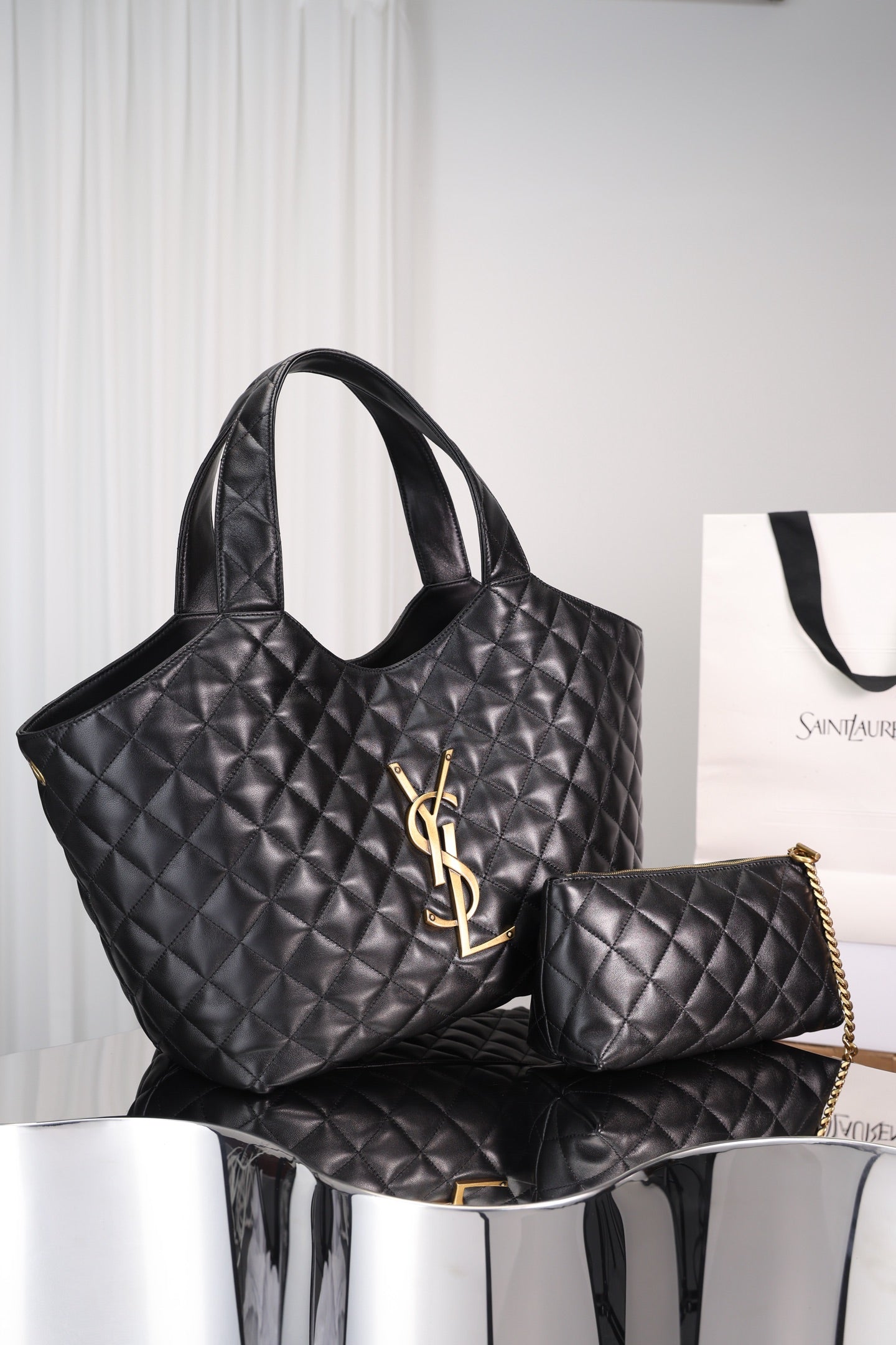 Saint Laurent Icare Shopping Bag Small — Black Quilted Lambskin with Antique Gold Hardware