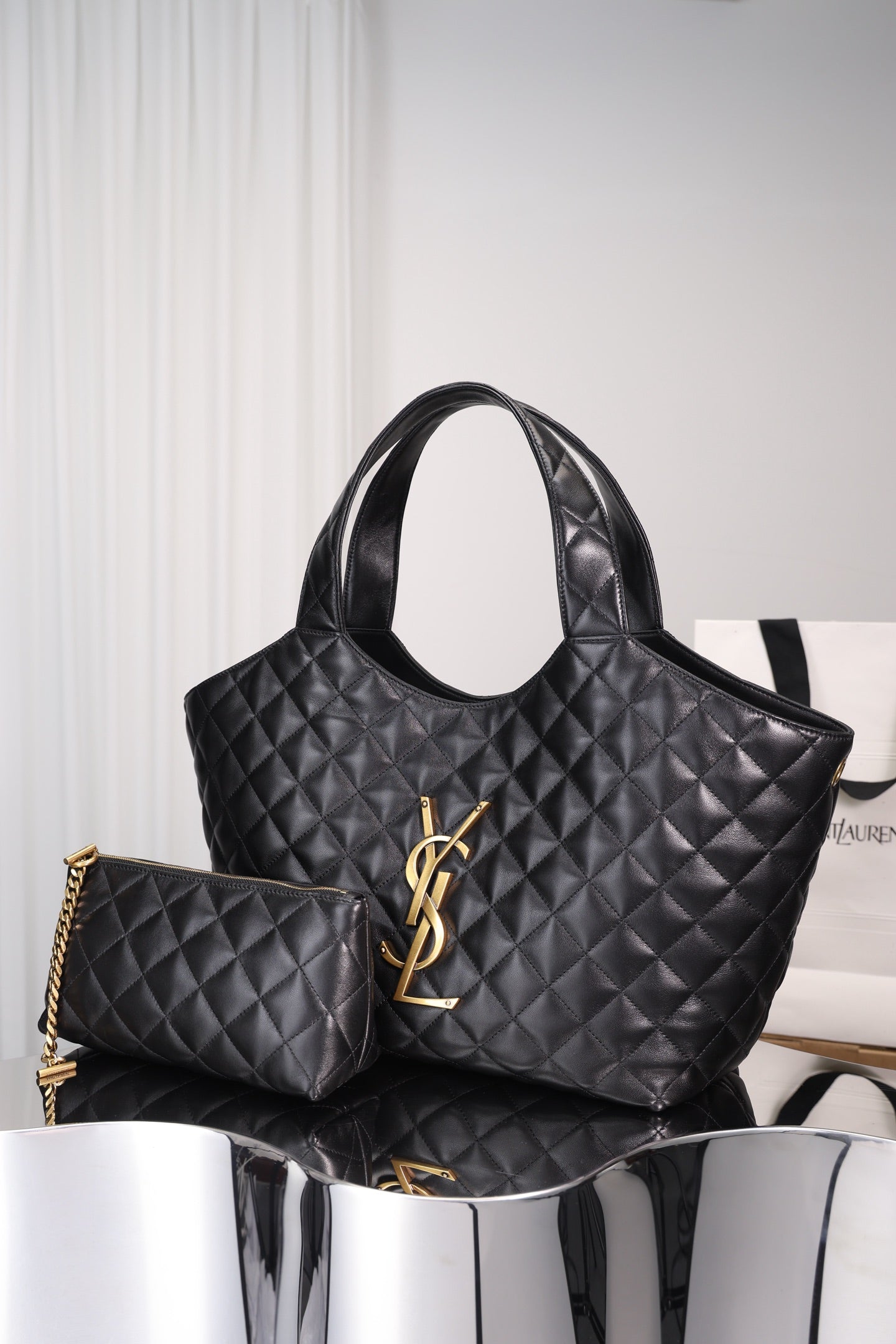 Saint Laurent Icare Shopping Bag Small — Black Quilted Lambskin with Antique Gold Hardware