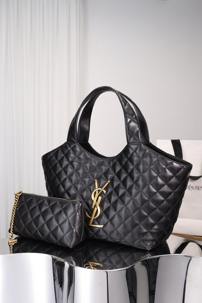 Saint Laurent Icare Shopping Bag Small — Black Quilted Lambskin with Antique Gold Hardware