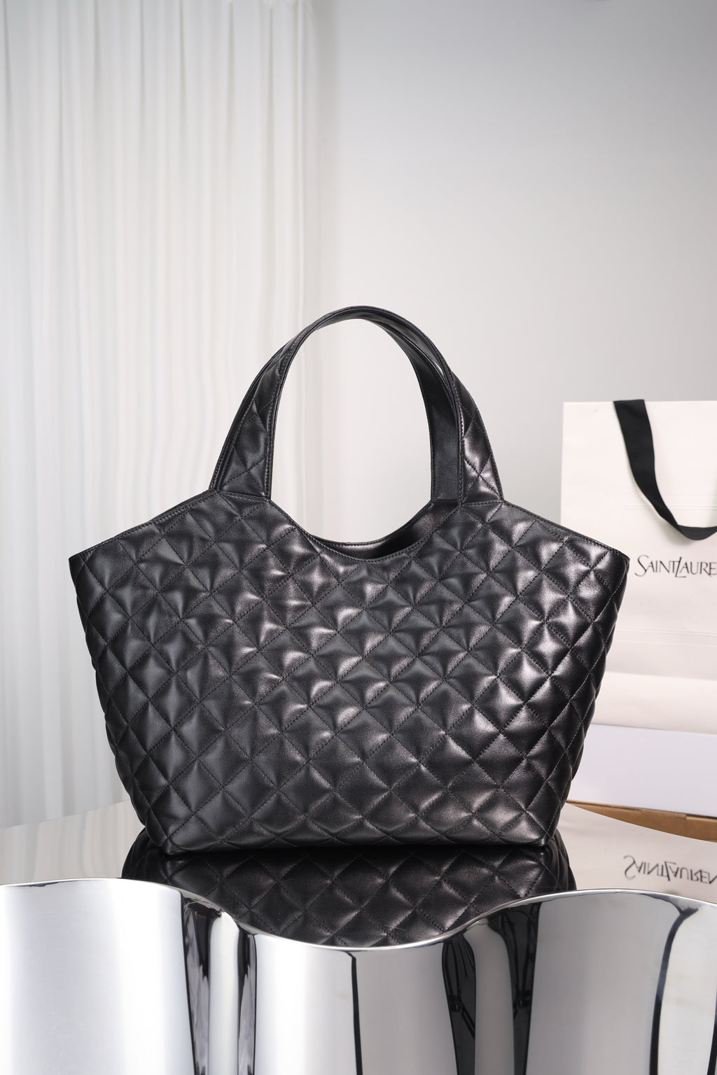 Saint Laurent Icare Shopping Bag Small — Black Quilted Lambskin with Antique Gold Hardware