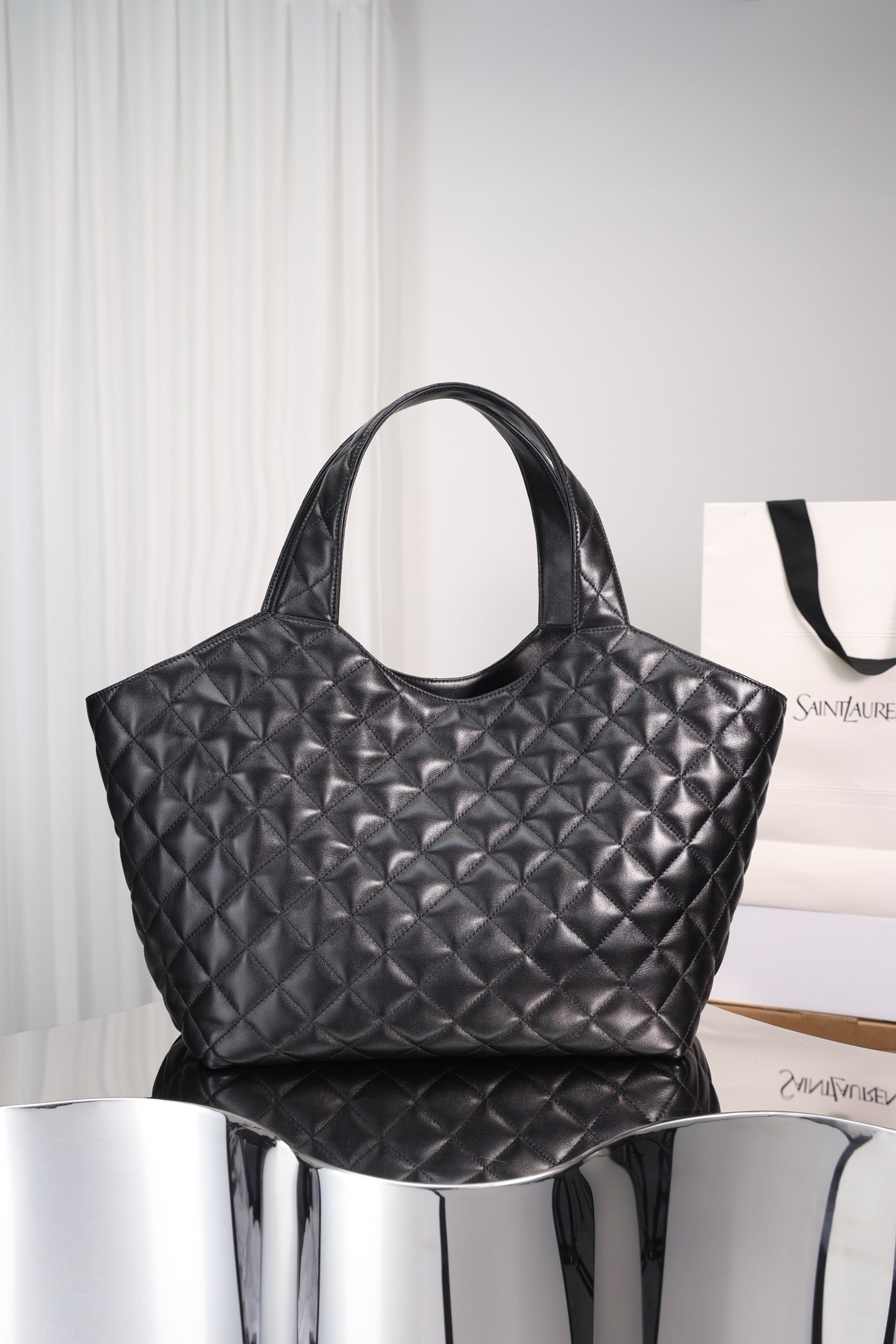 Saint Laurent Icare Shopping Bag Small — Black Quilted Lambskin with Antique Gold Hardware