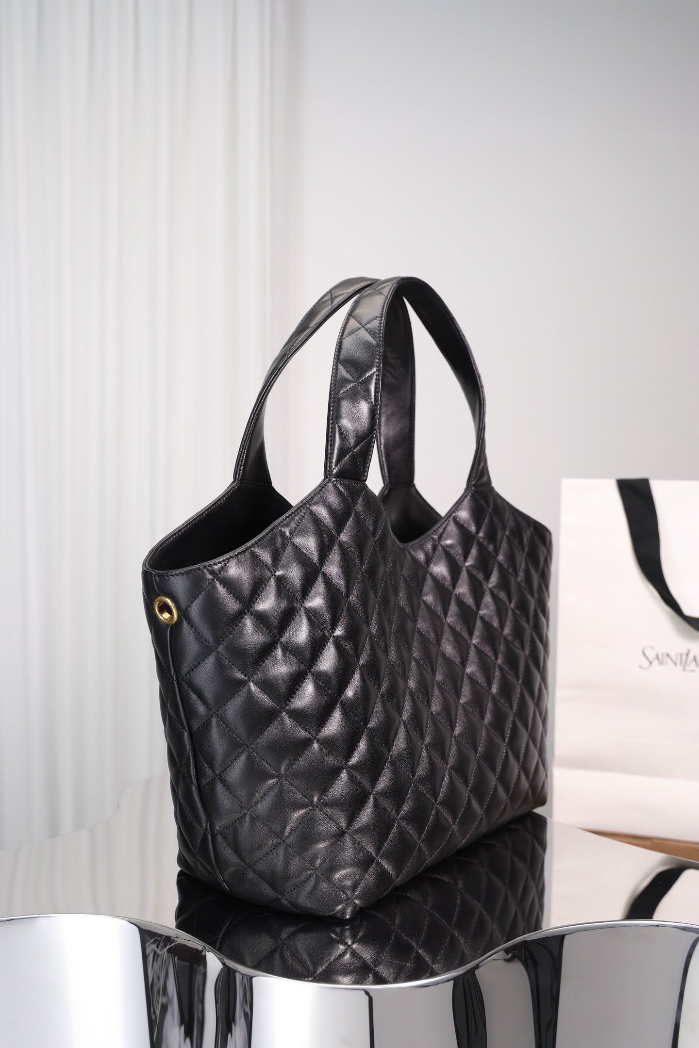 Saint Laurent Icare Shopping Bag Small — Black Quilted Lambskin with Antique Gold Hardware