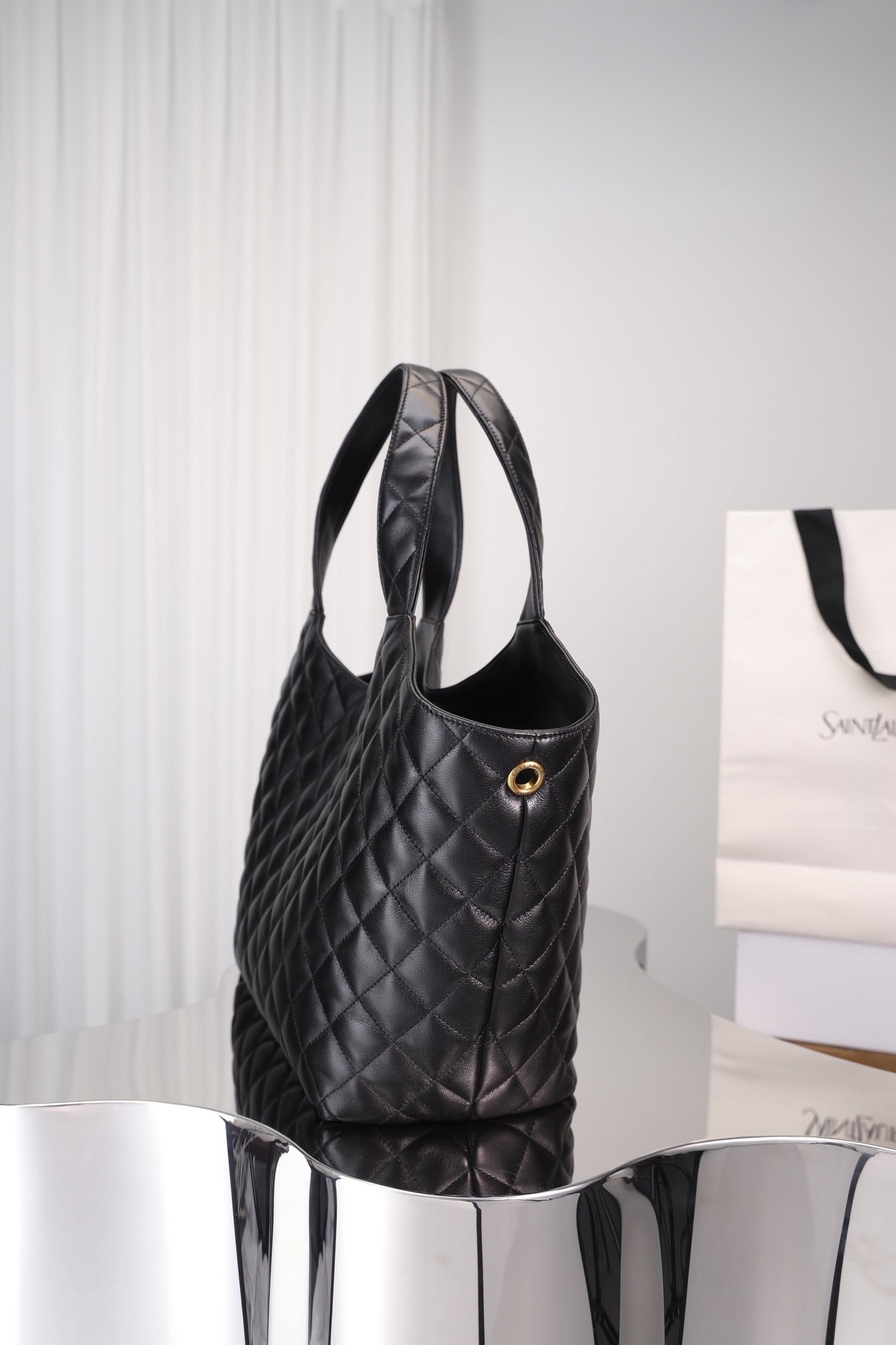 Saint Laurent Icare Shopping Bag Small — Black Quilted Lambskin with Antique Gold Hardware